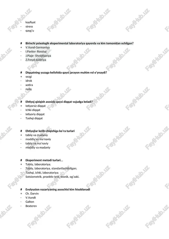 vosita ta'sir etib turgan narsa va hodisalarning obrazlarining kishi ongida bir butun holda aks ettirilishidir - shaxs tevarak-atrofidagi voqealarni aks etishi - bor narsani noto’g’ri anglash - sezgi a'zolariga ta'sir etib turgan narsa va hodisalar ayrimlarini aks etishi # ijtimoiy va shaxslararo munosabatlarning mahsuli, ongli faoliyatning subyekti bo’lgan individ - bu… + shaxs - individ - individuallik - yo’nalganlik # ikki yoki undan ortiq kishilar o’rtasidagi axborot ayriboshlash o’zaro ta'sir va bir-birini tushunishdan iborat jarayon bu - + muloqot - kommunikasiya - afaziya - sterotiplashtirish # ilk bora test tushunchasi kim tomonidan ishlatilgan? + bine - d.kettel - v. shtern - g.marrey # illyuziya bu... + bor narsani noto‘g‘ri, yanglish idrok qilish - bir nimani his qilib anglash - idrokning shaxsga bog‘liqligi - yo‘q narsani idrok qilish # individ so’zining lug’aviy ma’nosi + lotincha individ ajralmas, alohida zot degan ma’no anglatadi - inglizcha individ ajralmas, alohida zot degan ma’no anglatadi …
