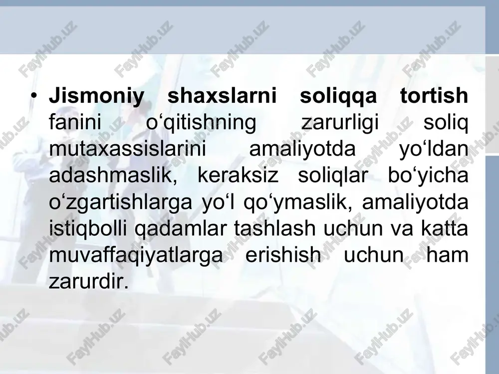 nazariyasi fanini o`rganish usullari umumiy usul: 1) dialektik 1 usul: a) induksiya b) dediksiya 2) ilmiy abstraksiya usul usullar alohida usul: 1)taqqoslash, 2 2)statistik, 3)grafik, 4)jadval, 5)analiz va sintez. · xususiy, yakka fakt olinib, uning asosida umumiy qoida hosil qilinadigan bo‘lsa - bu induktsiyadir. avval, boshdanoq barcha xususiy hollarni o‘z ichiga olgan umumiy qoida hosil qilinsa bu - deduktsiyadir. · dialektik usul shuni ko‘rsatadiki, rivojlanish quyidan yuqoriga qarab sodir bo‘ladi. bilish esa oddiydan murakkabga tomon rivoj topib boradi. · analiz bu o‘rganilayotgan butun ob’ektni qismlarga ajratish va ularni izchillik bilan tahlil qilish, bo‘lsa, sintez esa, o‘rganilgan qismlardan olingan xulosa va natijalarni bir butun yaxlit jarayon deb qarab, umumiy xulosa chiqarishdir · soliqlarni davrlar bo‘yicha taqqoslash, ulardan tushumlarni jadvallar orqali ifodalash, o‘zgarishlarni aniqlash, · ularga nazariy jihatdan baho berish, soliqlarning boshqa iqtisodiy kategoriyalarga ta’sirini grafik usulida tasvirlash va shu kabilardir. masalan, soliqlar o‘zgarishini yalpi talab va yalpi taklifga ta’sirini mana shu …