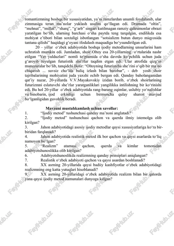 urkirab rivojlanish yo‘liga kirgan metod mohiyatini ifodalashga juda mos kelar edi. xx asr mobaynida realistik metod an’analarini novatorona davom ettirish yo‘li bilan dunyodagi deyarli istalgan mamlakatda yoki tilda buyuk badiiy kashfiyotlar qilinishi mumkinligi isbotlandi. realistik metodning bosh maqsadi insoniyatning haqiqat va adolat tuyg‘ularini, ularning g‘alabasi yo‘lidagi kurashlari manzaralarini nihoyatda go‘zal, ta’sirchan, ishonarli shaklda ifodalashdan iboratdir. ikkinchidan, realistik metodning eng muhim xususiyatlaridan biri shundaki, uning nodir namunalarida qahramonlar va hodisalar timsoli xuddi hayotda bo‘lishi mumkindek qilib, san’atkor ongida va qalbida tug‘ilgan modeli shakliga solingan holda aks ettiriladi. uchinchidan, realistik metod namunalarida hayotning barcha tomonlari o‘zaro bog‘liqlikda, keng ko‘lamda va yaxlit holda qamrab olinadi. to‘rtinchidan, realizmda hayot har tomonlama, ya’ni universal tarzda qamrab olingani holda, bu metodning eng buyuk kashfiyotlarida, ko‘pincha, voqelikdagi musbat ibtido, ya’ni go‘zallik va ezgulik ideallari tasdiqlanishi kuzatiladi. beshinchidan, realizmning eng go‘zal asarlarida o‘y-tuyg‘ular oqimi bilan voqealar rivoji o‘zaro aloqadorlikda, mutanosiblikda jonlantiriladi. oltinchidan, realizmning muhim xususiyatlaridan yana biri sifatida …