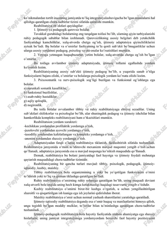 adi, uy vazifalariga mas’uliyatsizlik bilan qarashadi, maktab baholariga befarqliklarini bildirishadi. bu esa ularning o’quv dezadaptatsiyasidan dalolat beradi. maktab o’qo’vchisining dezadaptatsiyasi o’z rivojlanishida quyidagi bosqichlardan o’tadi: -o’quv dekompensatsiyasi-bola bir yoki bir nechta fanlarni o’zlashtirishida qayinchiliklra paydo bo’lishi bilan xarakterlanadigan holat; -maktab dezadaptatsiyasi –o’qish jarayonidagi qiyinchiliklar bilan bir qatorda o’qituvchilar, sinfdoshlar bilan nizolashishda namoyon bo’ladigan, xulq-atvor buzilishi bilan xarakterlanadigan bola holati; -ijtimoiy dezadaptatsiya-bu holatda o’qishga, maktab jamoasiga qiziqish batamom so’nadi, giyohvandlik, spirtli ichimliklarga qiziqish kuchayadi; -bo’sh vaqtni o’tkazish muhitining kriminallashuvi. bolaning psixo ijtimoiy rivojidagi me’yordan chiqishning yana bir muhim omili noxush oila hisoblanadi. voyaga yetmagan bolalarda g’ayriijtimoiy xulq-atvorni shakllanishiga olib keladigan oilaviy munosabatlar turlarini ajratib ko’rsatish ham muhim ahamiyatga ega. ular: -o’zida bir tomondan bola xohishlariga erk berish, boshqa tomondan esa bolani nizoli vaziyatlarga undashni yoki oilada ikki axloq-oila uchun yurish-turish qoidalari, jamiyat uchun umuman boshqa qoidalarni mujassam etgan tariyaviy munosabatlar turi; -to’liqsiz oilada, bolalar va ota-onalarning uzoq muddat ayri yashashlari sharoitida …