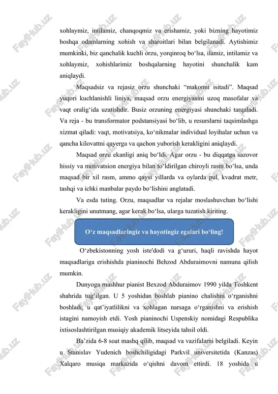 lan to'ldirilgan va siz u orqali uzaydingiz. va endi esa xona to'q sariq devorlarga aylandi. zamin va ship, siz "fanta" da pufakchalar kabi energiya, quvnoq va yengil his qilasiz... va endi yomg'ir yog'di, atrofdagi hamma narsa ko'k va kul rangga aylandi. siz qayg'uli, qayg'uli, charchagan holda yurasiz…yana quyosh chiqdi. porloq kun… xursandlikdan sakraymiz. 3. "oyna" mashqi. maqsad: ideal "men"tushunchasini shakllantirish. endi siz ikki ko'zguda o'zingiz haqida yozish uchun taklif etilasiz: bir oyna siz hozir aslida qandayligingizni aks ettiradi, va boshqa oyna – siz qanday bo'lishni istaydigan qiyofa. munozara: ikkita oynada farqlar bormi? ular asosan nima bilan bog'liq? qanday qilib o'zgarishga erishishim mumkin? buning uchun nima kerak? 2-sessiya. asosiy qism. 4. "yoshlik yillari" mashqi. maqsad: shaxsiy resurslarni tushunish. emmanuel kantning "yoshlik yillari - eng qiyin yillar" deb nomlangan mashhur bayonoti taxtada yozilgan. munozara davom etmoqda: bir guruh ishtirokchilar ushbu bayonotni tasdiqlashlari kerak, ikkinchisi esa rad etishlari kerak. munozara natijalariga ko'ra, taqdimotchi …