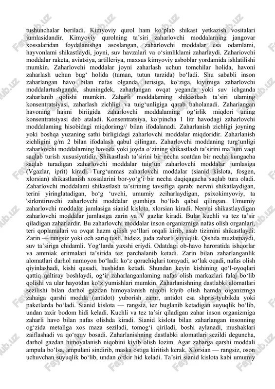 gan tomonga asta-sekin harakatlanib, uzoq masofalarga tarqaladi. buning natijasida ko‘p joylarga radioaktiv moddalar tushadi va zararlanish hosil bo‘ladi. radioaktiv moddalar bilan qo‘shilgan bulut o‘tgan joylarda cho‘ziq ellipssimon radioaktiv «iz» qoladi (2-rasm). radioaktiv bulut qoldirgan «iz» radioaktiv moddalar izi o‘qidan qancha uzoqlashsa, radiatsiya darajasi shuncha kam bo‘ladi va odam organizmiga kam ta’sir ko‘rsatadi. elektrmagnit impulsi va ikkilamchi zararlovchi omillar. yadro zaryadlarining portlashi natijasida havoning ionlashishi kuzatiladi, hosil bo‘lgan elektronlaming yuqori tezlikda harakati tufayli elektrmagnit maydoni paydo boladi. buning natijasida elektrmagnit razryadi va tok yuzaga keladi. atmosferada paydo bo‘lgan elektrmagnit impuls chaqmoq singari tarqalgan holda antennalarda, kabellarda, elektr uzatish tarmoqlarida va simlarda kuchlanishga ega bo‘lgan tok hosil qiladi. yer yuzida va havoning past qismlarida yadro zaryadi portlatilganda elektr impulsning shikastlovchi ta’siri portlash markazidan bir necha kilometr uzoqlikda kuzatiladi. yer yuzidan ancha balandlikda va havoda portlatilgan yadro zaryadi natijasida elektrmagnit impuls maydoni, portlash markazida va yer yuzasidan 20—40 kilometr balandlikda ham elektrmagnit impuls …