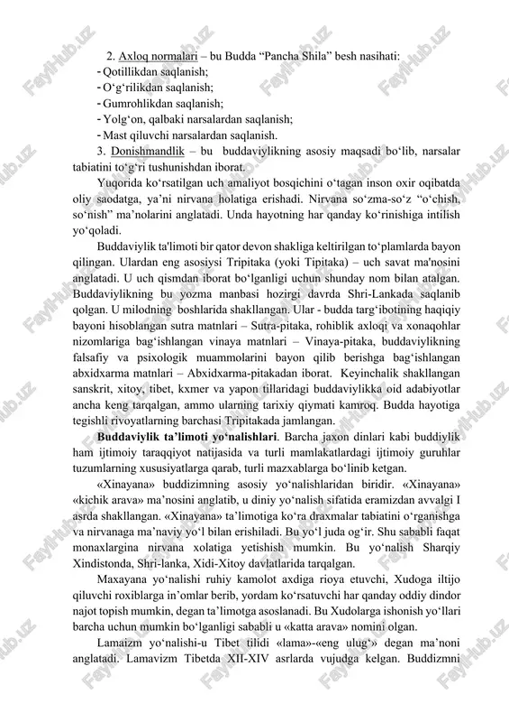 iy ravishda aylanib, inson abadiy qiynoqqa duchor bo‘ladi. ikkinchi haqiqat - “qiynoqlarning sabablari mavjuddir”. inson moddiy narsalar yoki ma’naviy qadriyatlardan foydalanib, ularni haqiqiy va doimiy deb hisoblaydi hamda doimo ularga ega bo‘lishga intiladi. bu intilish hayot davomiyligiga olib boradi. yaxshi yoki yomon niyatlardan tuzilgan hayot daryosi, orzular va intilishlar sababli kelajak hayot uchun karma hozirlaydi. demak, qayta tug‘ilish, yangitdan qiynoqlarga duchor bo‘lish davom etadi. buddaviylar fikricha, buddadan keyin hech kim nirvana holatiga erisha olmagan. uchinchi haqiqat - “qiynoqlarni tugatish mumkin”. yaxshi yoki yomon niyatlar, intilishlardan butunlay uzilish nirvana holatiga to‘g‘ri keladi. bu holatda inson qayta tug‘ilishdan to‘xtaydi. nirvana holati, buddaviylar fikricha, “hayot g‘ildiragidan” tashqariga chiqish, “men” degan fikrdan ajralib, insonning hissiy tuyg‘ullarini to‘la tugatishdir. to‘rtinchi haqiqat - qiynoqlardan qutilish yo‘li mavjuddir. bu yo‘l - “sakkizta narsaga amal qilish, to‘g‘ri tushunish, to‘g‘ri harakat qilish, to‘g‘ri muomalada bo‘lish, fikrni to‘g‘ri jamlash”. bu yo‘ldan borgan inson budda yo‘lini tutadi. bu sakkiz narsaga amal …