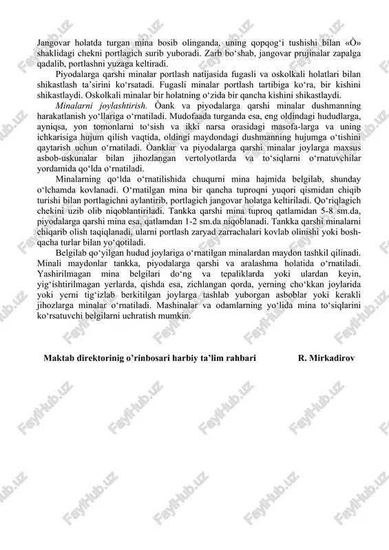 ; tiqin kd-mv kapsul-detonatorning parda to‘sig‘iga borib taqaladi; keyingi bosilishda chek qirqiladi; sharikchalar zarbdorni bo‘shatadi; jangovar prujinaning harakatlanishi natijasida zarbdor kapsul-detonatorni cho‘g‘ oldirtirib, uning portlashini yuzaga keltirishi bilan mina portlaydi. minalarni o‘rnatish uchun zaruriyat: minalardan tiqin burab olinadi; minalardan qopqog‘i olinganda shakli o‘zgarganligiga ishonch hosil qilinadi; portlatgichdan qalpoqcha burab chiqariladi va mavjud bo‘lgan rezinali qistirma borligiga ishonch hosil qilinib, portlagichni soat mexanizmi kaliti bilan buraladi; minaga portlagich burab kirgiziladi; mina chuqurlikka yoki uning yuqorisiga o‘rnatiladi; mina portlagichi jangovar holatga yuqoriga ko‘tarilishi uchun qo‘riqlagich o‘rta cheki uzugi kalit yordamida ko‘ta-riladi, qo‘riqlagich o‘rta chekini portlagich tugmasidan uzoqlashtiriladi va tugma bosib qo‘yiladi, mina niqoblantiriladi. minalarni chiqarib olish zaruriyati: mina chiqarib olish holatida o‘rna-tilganligiga ishonch hosil qilinadi; minalar niqoblangan qatlamdan chiqariladi; portlagich minadan burab olinadi; portlagich jangovar holatdan transportga o‘tkaziladi va burab kirgiziladi. o‘rnatilgan mina joyidan chiqariladi. piyodalarga qarshi minalar bu minalar dushmanning tirik kuchlarini shikastlash maqsadida qo‘llaniladi. ular ikki xil: - fugasli - …