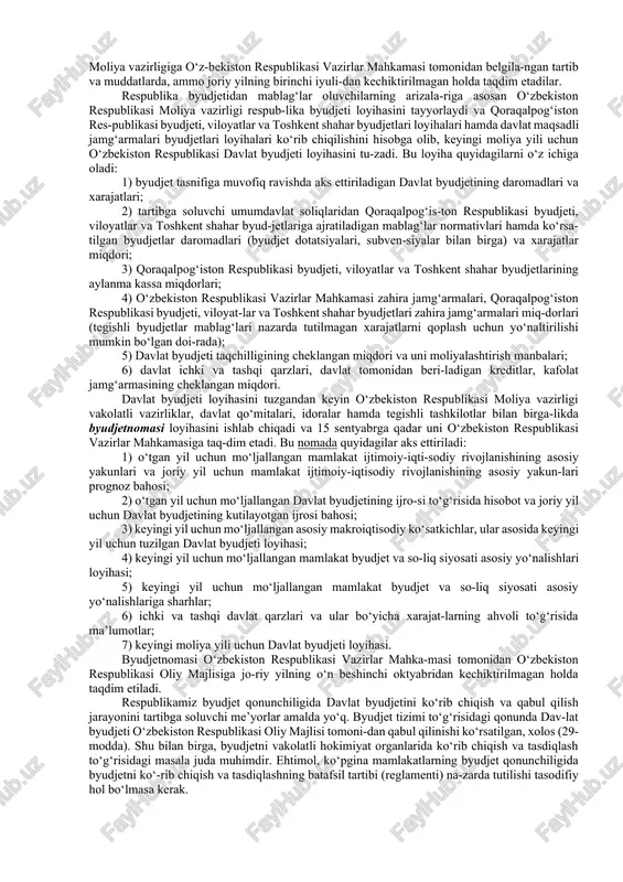 daromadlar tushumlarning manbalari va turlari bo‘yicha guruhlarga ajratiladi. davlat byudjeti xarajatlarini funksional tasniflash ularni davlat boshqaruv organlari, joylardagi davlat hokimiyat organlari hamda boshqa byudjet tashkilotlari tomonidan baja-riladigan asosiy vazifalar bo‘yicha guruhlarga ajratish hisob-lanadi. davlat byudjeti xarajatlarini tashkiliy tasniflashda xa-rajatlar byudjet tashkilotlari, xo‘jalik yurituvchi sub’ekt-lar turlari hamda byudjetdan ajratilgan mablag‘larni ularni bevosita oluvchilar o‘rtasida taqsimlashni aks ettiruvchi tad-birlar bo‘yicha guruhlarga ajratiladi. davlat byudjeti xarajatlarini iqtisodiy tasniflash ularni iqtisodiy yo‘nalishi va to‘lovlarning turlari bo‘yicha tasniflashdan iborat. u xarajatlarning quyidagi guruhlarini o‘z ichiga qamrab oladi: 1. 1) ish haqi va unga tenglashtirilgan to‘lovlar (bolali oila-lar va kam ta’minlangan oilalarga nafaqalar, stipendiyalar va boshqalar); 1. 2) ish haqiga qo‘shimchalar; 1. 3) kapital qo‘yilmalar (davlat investitsion dasturida naza-rda tutilgan ro‘yxatlarga muvofiq); 1. 4) boshqa xarajatlar. davlat byudjeti taqchilligini moliyalashtirish manbalarini tasniflash ularni moliyalashtirishning ichki va tashqi manbala-ri bo‘yicha guruhlarga ajratishdan iborat. byudjet tasnifi o‘zbekiston respublikasi moliya vazirligi tomonidan ishlab chiqiladi va tasdiqlanadi. 2. byudjetlarni tuzish, …