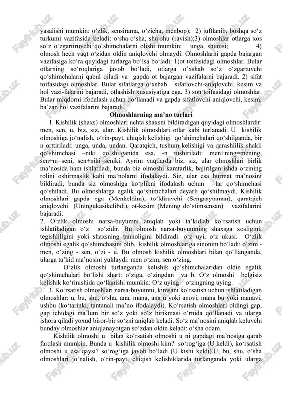 ); 3) to‘dalab ko‘rsatuvchi (gala, to‘p, guruh, to‘da, dasta, bog‘, quchoq, shoda, hovuch); 4) juftlab ifodalovchi (juft, para); 5) og‘irlikni o‘lchaydigan (gramm, kilogramm, sentner, tonna, misqol, pud, botmon, qadoq, paysa); 6) uzunlik o‘lchovini bildiradigan (millimetr, santimetr, metr, kilometr, chaqirim, tosh (eskirgan), gaz, qarich, quloch, qadam); 7) yosh o‘lchovini bildiradigan (yashar, yoshlik, oylik, kunlik); 8) vaqt o‘lchovini bildiradigan (soniya..., soat, kun, oy, hafta, yil, asr); 9) qiymat o‘lchovini ifodalaydigan (so‘m, tiyin, tanga, miri, paqir). bulardan tashqari, quyidagi hisob so‘zlari son va fe’l orasida kelib, harakat miqdorini bildiradi: marta, navbatda, karra, bor, hissa, qatla, sidra, daf’a. sonlarning otlashishi gapda son bog‘langan ot tushib qolishi mumkin. bunday holda son otlashadi. otlashgan son xuddi otlarga o‘xshab egalik, ko‘plik va kelishik qo‘shimchalarini oladi: beshga, uchni, ikkimiz, ikkinchilar. bunday sonlar gapda ega, to‘ldiruvchi, qaratqich aniqlovchi, undalma vazifalarini bajaradi (misollar 1-§ da berildi). sonlarning tuzilish jihatdan turlari sonlar tuzilish jihatdan quyidagi turlarga bo‘linadi: 1.sodda sonlar bir o‘zakdan …