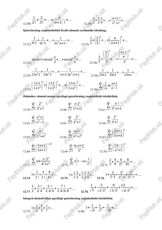 ib, bo’lganda binomga yaqinlashadi. qator bo’lganda ga yaqinlashadi. qator bo’lganda ga yaqinlashadi. 7-misol: f (x)=sin x funksiyaning makloren qatorini yozing . yechimi: berilgan funksiyaning n ta hosilasini topib, x=0 dagi qiymatini hisoblaymiz (12.8) –tenglikdan quyidagi darajali qator kelib chiqadi. 8-misol: y=cos x , y=ex , y=e-x , y=shx , y=chx funksiyalarning makloren qatorini yozing. yechimi: oldingi misolda ko’rsatilgan usulga ko’ra 12.206. quyidagi funksiyalar x ning darajalari bo’yicha qatorga yoyilsin va qoldiq hadning forulasi yozilsin va u tekshirilsin: 1) ; 2) ; 3) ; 4) . 12.207. funksiyaning qatorga yoyilmasidagi birinchi hadi yozilsin. 12.208. binom makloren formulasiga asosan x dagi darajalari bo’yicha qatorga yoyilsin va hosil bo’lgan qator bo’lganda yaqinlashuvchi ekanligi aniqlansin. 12.209.binomial qatorga asosan bo’lganda ekanligi ko’rsatilsin. 12.210. binomial qatorga asosan bo’lganda yoyilmasi hosil qilinsin. 12.212. quyidagi funksiyalarni x ning darajalari bo’yicha qatorga yoyilsin: 1); 2) ; 3). 12.212. funksiyani ning darajalari bo’yicha qatorga yoyilsin, qoldiq hadning formulasi yozilsin va …