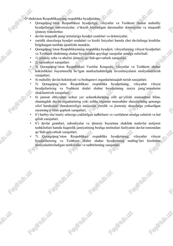 moiy masalalarini hal etish uchun sarflanadi. davlat byudjetining xarajat qismi quyidagilardan iborat: · ijtimoiy soha va aholini ijtimoiy qo‘llab-quvvatlash xarajatlari; · nodavlat notijorat tashkilotlarini va fuqarolik jamiyatining boshqa institutlarini davlat tomonidan qo‘llab-quvvatlash xarajatlari; · iqtisodiyot xarajatlari; · markazlashtirilgan investitsiyalarni moliyalashtirish xarajatlari; · davlat hokimiyati va boshqaruvi organlarini saqlab turish xarajatlari; · sudlarni, adliya va prokuratura organlarini saqlab turish xarajatlari; · fuqarolarning o‘zini o‘zi boshqarish organlarini saqlab turish xarajatlari; · boshqa xarajatlar. davlat byudjetining xarajat qismi tarkibida o‘zbekiston respublikasi vazirlar mahkamasining, qoraqalpog‘iston respublikasi respublika byudjetining, viloyatlar viloyat byudjetlarining va toshkent shahri shahar byudjetining zaxira jamg‘armalari hisobga olinadi. o‘zbekiston respublikasining respublika byudjetidan quyidagi xarajatlar amalga oshiriladi: 1) ijtimoiy soha va aholini ijtimoiy qo‘llab-quvvatlash xarajatlari; 2) davlat grantlari, subsidiyalar va ijtimoiy buyurtma shaklida nodavlat notijorat tashkilotlari va fuqarolik jamiyatining boshqa institutlari faoliyatini davlat tomonidan qo‘llab-quvvatlash xarajatlari; 3) iqtisodiyot xarajatlari; 4) respublika vazirliklari, davlat qo‘mitalari va idoralari buyurtmachi bo‘lgan markazlashtirilgan investitsiyalarni moliyalashtirish xarajatlari; 5) …