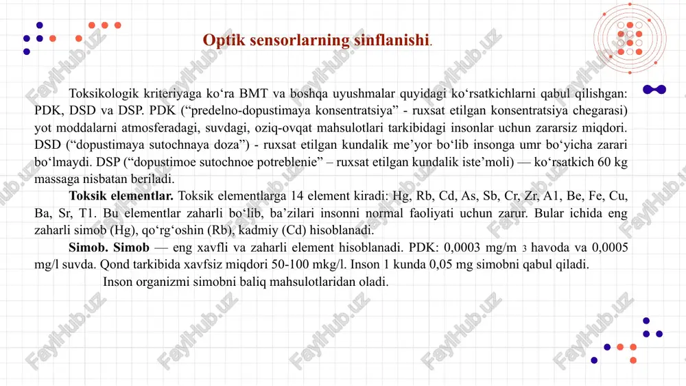 zida optik sensorlarning qo'llanilishi hali ham rivojlanish bosqichida. ushbu texnologiyaning to'liq salohiyatini ochish uchun qo'shimcha tadqiqotlar, ishlab chiqish va amaliy qo'llanmalar talab etiladi. optik sensorlarning sinflanishi. infraqizil (iq) spektroskopiya oziq-ovqat mahsulotlarini miqdoriy va sifatiy tahlilini yangi fizikaviy usuli hisoblanadi. bu usul organik moddalarni tuzilishi va tarkibi haqida yetarlicha tomiq informatsiya olinishiga imkon beradi. iq nurlanish sut mahsulotlariniyog‘-kislotali tarkibini tadqiq etishda foydalaniladi, turli oziq-ovqat mahsulotlaridagi pestitsidlarni aniqlashda, oziqaviy bo‘yoqlarni tahlil etishda, shuningdek, o ‘simlik va hayvon xomashyosi qayta ishlovi texnologik jarayonlarini nazorat qilishda keng qoilaniladi. organik birikmalarni iq spektri moddaning eng to ‘liq fizik xususiyatlari hisoblanadi. iq spektr erish harorati, sindirish ko‘r_x0002_satkichi yoki zichlikka nisbatan m oddani aniq tavsiflaydi.iq nurlanish sohasi spektrni ko‘rinadigan qismidan keyin joy_x0002_lashgan bo‘lib, 0,8—2,5 mkm diapazondagi yaqin, o ‘rta (2,5—25 mkm) va uzoqqa (25 mkm .dan katta) bo‘linadi. optik sensorlarning sinflanishi. yorug’lik yutilishining jam i sohalari uchun katta to iq in uzunligiga katta energiya mos keladi. iq …