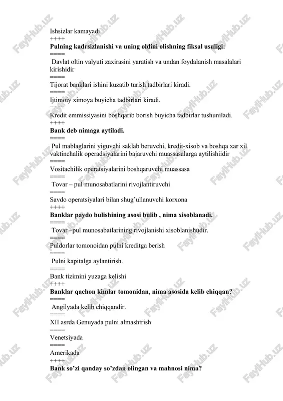 banklar maxsus kredit institutlardir ==== b) tijorat banklar, markaziy bank ==== maxsus kredit institutlari, tijorat bank ==== markaziy bank. ++++ bank institutlariga qanday banklar kiradi? ==== tijorat banklar investitsiya banklarijamgarmalar jalb qiluvchi banklardir ==== xususiy banklar ==== qo’shma banklar ==== bank vakolatxonasi ++++ banklar ma’lum belgilariga qarab qanday turlarga bulinadi. ==== mulk shakliga qarab: aksioner, noaksioner, kooperativ, komunal, davlat, aralash, xalqaro banklarga bulinishidir ==== faoliyat kursatish va bajaradigan funksiyalarga karab: depozit, universal, ixtisoslashgan banklarga bulinadi. ==== milliy mavkei buyicha: milliy va xarijiy banklarga; ==== kredit beruvchi banklarga; ++++ davlat banklarining qanday turlari amaliyotda bulishi mumkin. ==== markaziy, tijorat banklari va maxsus kredit institutlaridir. ==== markaziy kredit institutlari. ==== s) markaziy tijorat banklari. ==== unitar banklar ++++ xalqaro banklar qanday banklar va nima vazifa bajaradi. ==== xalqaro pul, xisob va kredit munosabatlarini olib boruvchi bank bulib davlatlar urtasida valyuta, kredit va moliya munosabatlarini boshqarib borilisidir. ==== pul kredit munosabatlariniboshqarib turadi. ==== …