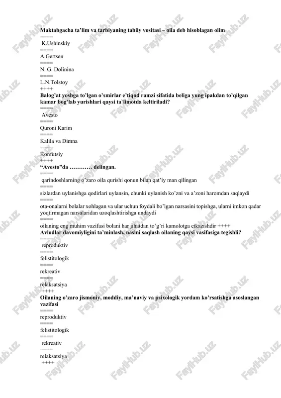 == bir bo`g`inli oilalar (faqat er-xotindan iborat) ++++ m.a.galaguzova ijtimoiy holati nuqtai nazardan oilalarning qanday turlarini ajratib ko’rsatgan ==== oila a`zolari o`rtasida ijobiy munosobat shakllangan oilalar ==== bolalar hurmat qilinadigan oilalar ==== barbod bo’lish xavfiga ega oilalar ==== bir bo`g`inli oilalar (faqat er-xotindan iborat) ++++ mazkur oilalarda ota-onalar amoral, g’ayriqonuniy hayot kechirishadi ==== adovatli oilalar ==== asotsiyal oilalar ==== barbod bo`lish havfiga ega oilalar ==== notinch, baxtsiz oilalar ++++ bu so`z “uchrashish”, “koʼrishish”, “qabul qilish” degan maʼnoni anglatadi ==== steril ==== muloqat ==== kommunikativlik ==== notinch, baxtsiz oilalar ++++ “har bir millatning saodati va izzat, albatta, shu xalqning ichki intizom va totuvligiga bogʼliq. tinchlik va totuvlik esa shu millat oilalarining intizomiga tayanadi. qaerda oila munosabati kuchli intizomga tayansa, mamlakat va millat ham shuncha kuchli va muntazam boʼladi”. kimning, qaysi asridan olingan? ==== abu ali ibn sino “tadbiri al manozil” ==== a.fitrat “oila yoki oila boshqarish tartiblari” ==== a.navoiy “mahbub-ul-qulub” ==== …