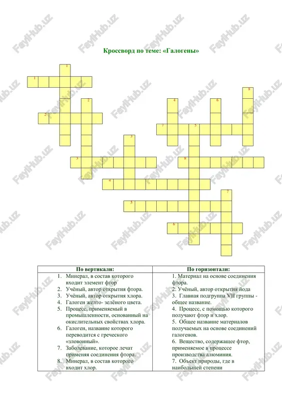 galogenov. 6. veshestvo, soderjashee ftor, primenyaemoe v protsesse proizvodstva alyuminiya. 7. ob'ekt prirodi, gde v naibolshey stepeni kontsentriruyutsya yod i brom. 8. oblast primeneniya galogenov. otveti krossvord po teme: «galogeni» 1 f 1t e f l o n yu 8g o 2 m 4 x 6 b a 2k u r t u a l r l i a 7v o d 5o r o s l i t s 3 sh r t m t s e b 3g a l o g e n i 8 m e d i ts i n a n l l 4e l e k t r o l i z v 7k 5p l a s t m a s s a n r 6k r i o l i t e e s testi na temu: ”podgruppa ftora” 1. yod po sravneniyu s xlorom proyavlyaet: a) bolee metallicheskie svoystva b) …