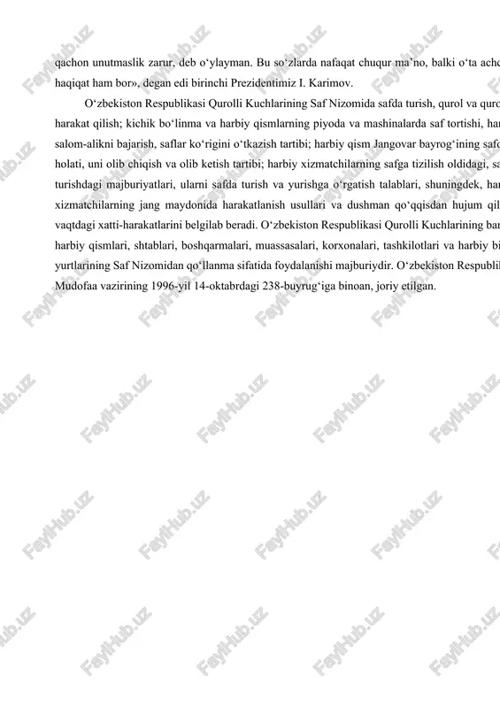 sh va aniqliklar kiritish ham mumkin. harbiy ishning asosiylaridan biri—qo‘shilma va bo‘linmalarning shaxsiy tarkibining dala sharoitida ta’lim olishi. shuning bilan birga taktik mashg‘ulotlarda bo‘lishi mumkin bo‘lgan qiyin jangovar sharoitga yaqinlashishni o‘rganishdir. harbiy ishni o‘rganish davrida askar jangovar tayyorgarlik va boshqa hamma fanlarni o‘rganishga bo‘ysundiriladi. bunga shaxsiy tarkib bilan yagona bilim va ko‘nikmalarni egallashda otish tayyorgarligi, texnik-muhandislik, saf va jismoniy tayyorgarlik, ommaviy qirg‘in qurollaridan himoyalanish va boshqa fanlarni o‘rganishlar ham kiradi. harbiy ishni o‘rganishda asosiysi qo‘- shilma va bo‘linmalarning shaxsiy tarkibi jangda g‘alabaga eri- shishidir. harbiy san’atning rivojlanishida buyuk sarkardalar va lashkar- boshilar o‘z davrida ulkan hissa qo‘shishdi. bular jaloliddin man- guberdi, temur malik, amir temur, zahiriddin muhammad bobur va boshqalardir. harbiy san’atning rivojlanishida sohibqiron amir temur merosi noyobdir. u mashhur tashkilotchi, aql-zakovatli davlat rahbari, ona-yurtning buyuk sarkardasi, yirik markazlashgan davlat hamda o‘z davridagi jangovar va ilg‘or armiyaning yaratuvchisi edi. amir temur buyuk va qudratli davlat qurdi. u o‘z armiyasining salohiyati …