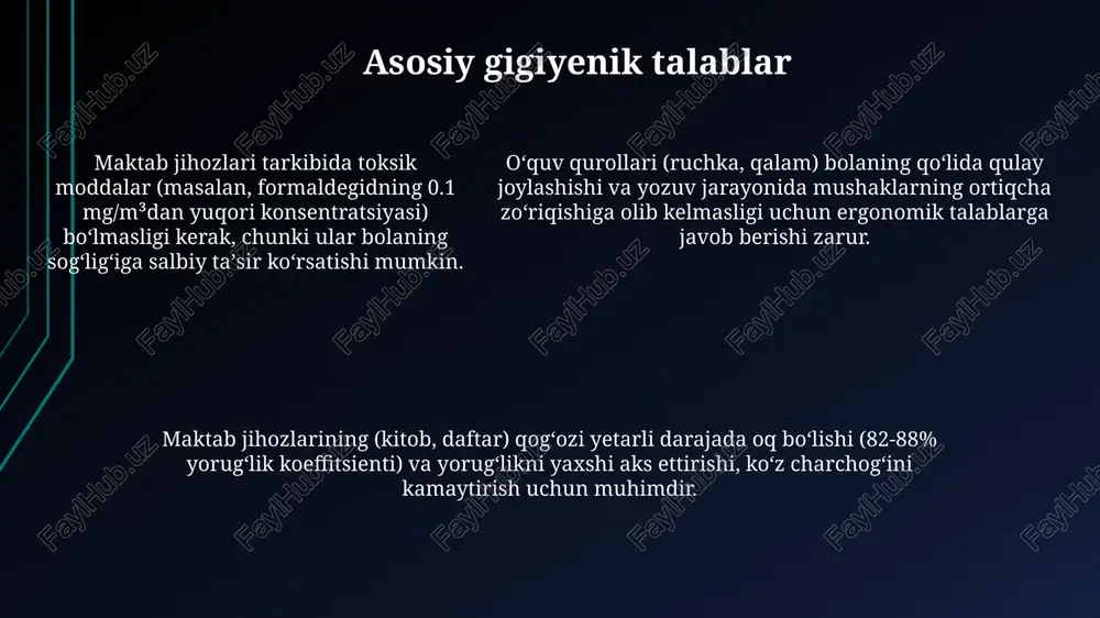 kuchga bardosh berishi va o'tkir qirralar yoki kichik, yutib yuboriladigan detallar bo'lmasligi kerak. o'yinchoqlar mexanik mustahkamlikka ega bo'lishi shart, ya'ni 90 n kuchga bardosh berishi va o'tkir qirralar yoki kichik, yutib yuboriladigan detallar bo'lmasligi kerak. maktab mebellariga talablar mebel materiallari sanitariya-gigiyena talablariga javob berishi zarur: zaharli moddalar chiqarmasligi, yuvish vositalariga chidamli bo'lishi va bolalar salomatligi uchun xavfsiz bo'lishi kerak. maktab mebellari o'quvchilarning bo'yiga mos bo'lishi shart: o'quvchi stulda oyoqlari polga tegib turishi, tizzalari 90 gradus burchak ostida bukilib turishi kerak. stollar usti silliq va yorug'likni yaxshi aks ettirishi lozim (aks ettirish koeffitsienti 0.4-0.6 oralig'ida), ko'zni charchatmasligi va yozuvni osonlashtirishi uchun yorqin bo'lmasligi muhim. gigiyenik talablarga rioya qilishning nazorati maktab buyumlarini sotish joylarida saqlash sharoitlari, yorliqlarning to'g'riligi va yaroqlilik muddati tekshiriladi. yaroqlilik muddati o'tgan buyumlar savdodan olib tashlanadi, 20 kundan ortiq saqlash mumkin emas. maktab buyumlariga gigiyenik talablarga rioya etilishini nazorat qilish sanitariya-epidemiologik osoyishtalik markazi tomonidan amalga oshiriladi. ular tegishli qonun …