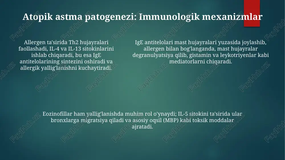 makologik davolash: inhalyatsion kortikosteroidlar inhalyatsion kortikosteroidlar (iks) astmada yallig'lanishni kamaytiradi, nafas yo'llarining giperreaktivligini pasaytiradi va beta-2 agonistlarga javob berishni yaxshilaydi, shu bilan birga kasallikni nazorat qilishda muhim rol o'ynaydi. ikslar dozasini tanlashda bemorning astma og'irligi, nazorat darajasi va yon ta'sirlar xavfi hisobga olinadi; odatda past dozalar tavsiya etiladi, zarurat tug'ilganda asta-sekin oshiriladi. ikslar dozasini tanlashda bemorning astma og'irligi, nazorat darajasi va yon ta'sirlar xavfi hisobga olinadi; odatda past dozalar tavsiya etiladi, zarurat tug'ilganda asta-sekin oshiriladi. bronxodilatatorlar (beta-agonistlar, antikolinergiklar) antikolinergiklar asetilxolinning muskarin retseptorlari bilan bog'lanishini bloklaydi, bronxlarning silliq mushaklarini bo'shashtiradi va bronxial sekretsiyalarni kamaytiradi, ayniqsa koahda foydali. beta-agonistlar bronxlarni kengaytirish uchun beta-2 adrenergik retseptorlarini stimullaydi, bu esa hujayra ichidagi siklik amp (camp) darajasini oshiradi va bronxospazmni kamaytiradi. bronxodilatatorlar, masalan, salbutamol (beta-agonist) va ipratropium bromidi (antikolinergik), astma xurujlarini tezda yengillashtirish uchun birga ishlatilishi mumkin, lekin ular yallig'lanishga ta'sir qilmaydi. immunoterapiya (allergen immünoterapiyasi) allergen immünoterapiyasi (ait) uzoq muddatli kasallik modifikatsiyasini ta'minlaydi, allergenlarga tolerantlikni …