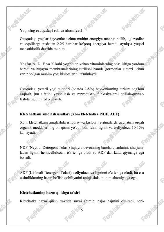 da ozuqa namunasi organik erituvchi bilan ishlanadi, bu esa 8 soatdan 16 soatgacha bo'lgan vaqt davomida yog'ni ajratib oladi. xulosa shuni ko'rsatadiki, xom tolani aniqlash uchun ozuqa namunalari ketma-ket kislota va ishqor bilan qaynatiladi, qolgan qoldiq esa yo'qotilgan moddani hisoblash uchun 600°c da kulga aylanadi. xulosa ozuqadagi protein, yogʻ, kletchatka va namlik miqdorini aniqlash chorva mollari uchun ozuqa sifatini baholash va ratsionlarni optimallashtirish uchun muhimdir. foydalanilgan adabiyotlar 1. oziq-ovqat va yem mahsulotlarini tahlil qilish. hayvonlar yemida protein, yog', tolalar va namlikni aniqlash. aoac international. 2. pearson, d. kimyoviy oziq-ovqat tahlili. longman scientific technical. 3. nielsen, s.s. oziq-ovqat tahlili qo'llanmasi. springer. 4. pomeranz, y., meloan, c.e 0 0 0 10