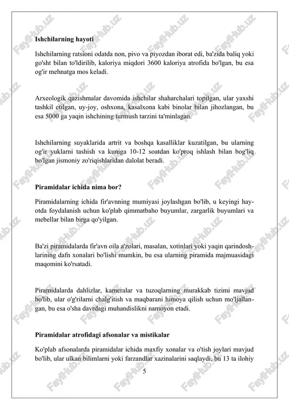 i boʻshliqlar topildi; ular 2500 yillik ekanligi taxmin qilinadi va bu inshootning maqsadiga oid yangi nazariyalarni keltirib chiqaradi. xulosa xulosa shuki, misr piramidalari miloddan avvalgi 2700-yildan boshlab 1700 yilgacha bo'lgan davrda fir'avnlarning oxiratga bo'lgan e'tiqodini ifodalaydi. qadimgi misr piramidalari qurilishi 20 mingdan 100 minggacha bo'lgan malakali ishchilar va mutaxassislarning bir necha avlodlarining mehnati bilan amalga oshirilgan. piramidalar nafaqat dafn marosimlari uchun, balki fir'avnlarning kuchini namoyish etish, quyosh xudosi ra bilan aloqani ta'minlash uchun 2.3 millionta tosh blokdan qurilgan. xulosa qadimgi misr ehromlari o'z davrining ajoyib me'moriy yodgorliklari bo'lib, misrliklarning ilg'or bilim va diniy e'tiqodlaridan dalolat beradi. foydalanilgan adabiyotlar 1. arnold, d. (1991). building in egypt: pharaonic stone masonry. oxford university press. 2. david, r. (2002). religion and magic in ancient egypt. penguin books. 3. edwards, i.e.s. (1985). the pyramids of egypt. penguin books. 4. lehner, m. (1997) 0 0 0 10