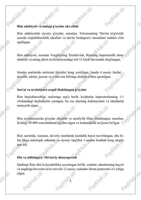 riyaga o'tish siyosiy strategiyalari, imperatorlik boshqaruvi va markazlashuv tamoyillari bugungi siyosiy tuzilmalarga sezilarli ta'sir ko'rsatdi. xulosa qadimgi rim g'oyalari amaliylik, huquq, siyosat va harbiy strategiyaga qaratilgan bo'lib, g'arb sivilizatsiyasining shakllanishiga sezilarli ta'sir ko'rsatdi. foydalanilgan adabiyotlar 1. sikeron, respublika (miloddan avvalgi 54-51 yillar). 2. lukretsiy, tabiat to'g'risida (miloddan avvalgi 1-asr). 3. seneka, axloqiy xatlar (milodiy 1-asr). 4. plutarx, mashhur yunon va rimliklarning hayotlari (milodiy 1-2-asrlar). 5. epiktet, diskurslar (milodiy 1-2-asrlar). 6. markus avreliy, o'ylashlar (milodiy 2-asr) 0 0 0 10