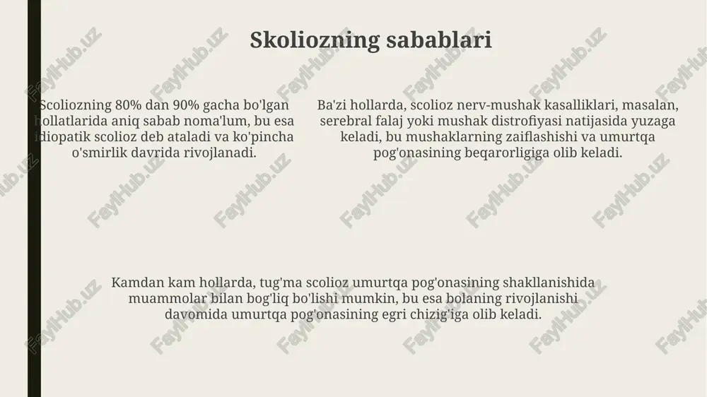 ir shakllarida (45 darajadan ortiq), umurtqa pog'onasini metall konstruksiyalar bilan stabilizatsiya qilish uchun jarrohlik aralashuv zarur bo'lishi mumkin. skoliozni davolashda konservativ usullar, masalan, maxsus korsetlar (masalan, boston korseti) 25-40 daraja egilishlarda umurtqani to'g'rilashga yordam beradi. fizioterapiya va maxsus mashqlar (masalan, schroth usuli) skoliozni davolashda muhim rol o'ynaydi, mushaklarni mustahkamlaydi va umurtqa harakatchanligini yaxshilaydi. skolioz haqida afsonalar va haqiqatlar afsona: skolioz jismoniy mashqlar bilan davolanadi. haqiqat: maxsus mashqlar skoliozning rivojlanishini toʻxtatmaydi, ammo umurtqa pogʻonasini qoʻllab-quvvatlash va mushaklarni mustahkamlash orqali ogʻriqni kamaytirishi mumkin. afsona: skolioz faqat ogʻir yuk koʻtarish natijasida kelib chiqadi. haqiqat: skoliozning asosiy sababi noma’lum, ammo genetik va rivojlanish omillari muhim rol oʻynaydi, ogʻir yuk koʻtarish asosiy omil emas. afsona: skoliozni faqat jarrohlik yoʻli bilan davolash mumkin. haqiqat: koʻpgina skolioz holatlarida jarrohlik shart emas, kuzatuv, fizioterapiya va korsetlar kabi konservativ usullar 25-40 gradusli egrilikda samarali boʻladi. xulosa skolioz profilaktikasining asosiy usuli - bu muntazam ravishda jismoniy mashqlar, ayniqsa umurtqa mushaklarini …