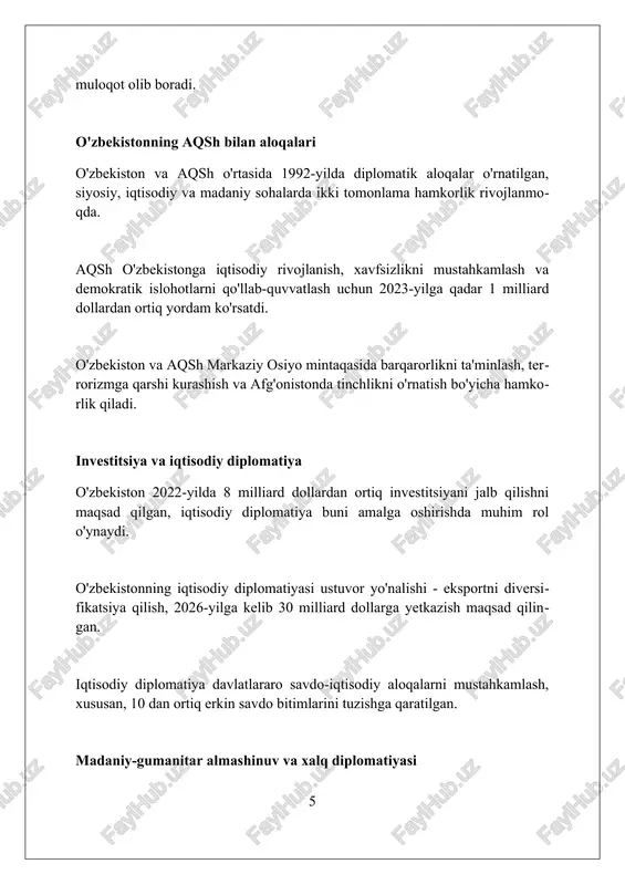 ing global hamjamiyatdagi o'rni va nufuzi o'zbekiston shanxay hamkorlik tashkilotida faol ishtirok etib, mintaqaviy xavfsizlik va iqtisodiy integratsiyaga 20 yildan ortiq hissa qo'shib, uning nufuzini oshirmoqda. mamlakat bmtning barqaror rivojlanish maqsadlariga erishishda faol, jumladan, 5 ta muhim tashabbusni ilgari surib, global ekologik va ijtimoiy muammolarni hal qilishda yetakchilik qiladi. o'zbekiston markaziy osiyoda ko'p tomonlama aloqalarni mustahkamlashga qaratilgan siyosati bilan mashhur bo'lib, 2024-yilda mintaqaviy hamkorlikni yangi bosqichga olib chiqishga intiladi. xulosa o'zbekistonning tinchliksevar tashqi siyosati uning global hamjamiyatda barqaror va konstruktiv ishtirokini ta'minlab, xalqaro hamkorlikni mustahkamlashga xizmat qiladi. foydalanilgan adabiyotlar 1. mirziyoev, sh. m. (2017). o'zbekiston respublikasini yanada rivojlantirish bo'yicha harakatlar strategiyasi. toshkent: o'zbekiston. 2. nazarov, b. (2019). o'zbekistonning tashqi siyosati: yangi bosqich. xalqaro munosabatlar, 1(1), 12-25. 3. raxmanov, sh. (2021). o'zbekistonning markaziy osiyodagi mintaqaviy siyosati: asosiy yo'nalishlar va istiqbollar 0 0 0 2