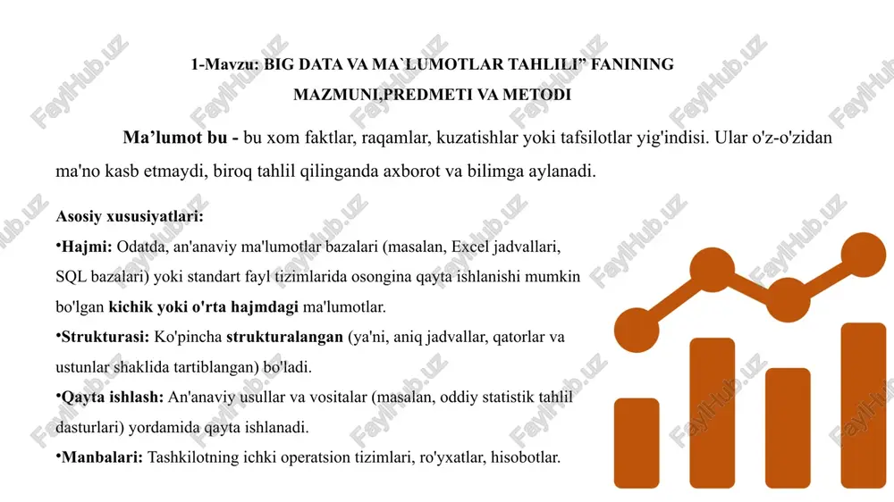 b olsa, b mahsulotni ham sotib olish ehtimoli). - tasniflash (classification) ma'lumotlarni oldindan belgilangan toifalarga ajratish (masalan: elektron pochtani "spam" yoki "spam emas" deb ajratish). - klaster tahlili (clustering) o'xshash xususiyatlarga ega ma'lumotlarni guruhlash (masalan: mijozlarni xarid xususiyatlariga ko'ra segmentlarga ajratish). - regressiya tahlili ikki yoki undan ortiq o'zgaruvchilar orasidagi munosabatni o'rganish va kelajakdagi qiymatlarni bashorat qilish. 2. kroudsorsing crowdsourcing bu inson kuchi yordamida ma'lumotlarni yig'ish, toifalash, boyitish va tasdiqlash usuli. uchinchi shaxslar (keng jamoatchilik) ixtiyoriy yoki kichik haq evaziga yordam beradi. 3. 3. ma'lumotlarni birlashtirish data fusion & integration turli formatdagi va manbalardagi ma'lumotlarni (masalan, matn, audio, sensor signallari) to'plash va tahlil qilish uchun yagona formatga keltirish. bunga raqamli signalga ishlov berish va tabiiy tilda ishlov berish (nlp) kiradi. 4. mashinani o'rganish machine learning (ml) kompyuterlarga aniq dasturlashsiz ma'lumotlardan o'rganish va bashorat qilish imkonini beradigan algoritmlar. bunga kiradi: - sun'iy neyron tarmoqlari inson miyasiga taqlid qiluvchi modellar. - tarmoqni …