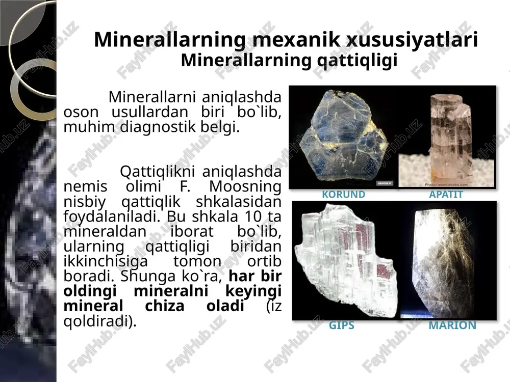 paksimon, shoyisimon - gips tolalari, asbest; yog`simon - mineral yuzasi yog` surilgandek yaltiraydi - nefelin; olmossimon - juda o`tkir yaltiroqlik - olmos; mumsimon - hech qanday yaltiroqlik sezilmaydi – feruza, opal. metallsimon pirit galenit yarimmetall gematit grafit metallmas shishasimon kaltsit kvarts yog’simon s sadafsimon slyudalar talk ipaksimon rogovaya obmanka selenit mumsimon opal olmossimon olmos sfalerit matoviy limonit kaolinit minerallarning rangi tabiatda minerallar juda xilma-xil rangda uchraydi. ayrim minerallarga ularning rangiga qarab nom berilgan. masalan, lazurit va azurit havo rangli, xlorit yashil rangli, rodonit - pushti, rubin - qizil, auripigment - oltin rangli. minerallar rangi uch xil o`ziga xos omillar bilan belgilanadi: a) idioxromatik (grek. "idios"-o`zining, shaxsiy) - mineralning o`z xususiyatlari bilan belgilanadi. bularga titan, vanadiy, xrom, marganes, temir, kobalt, siyrak elementlar va boshqalar kiradi. oltin (au) auripigment (as2s3) berill kleofan gematit s ametist opal b) alloxromatik (grek. "allos"- chet, begona) minerallar rangi boshqa kimyoviy elementlarning aralashishiga bog`liq . masalan, kvars …
