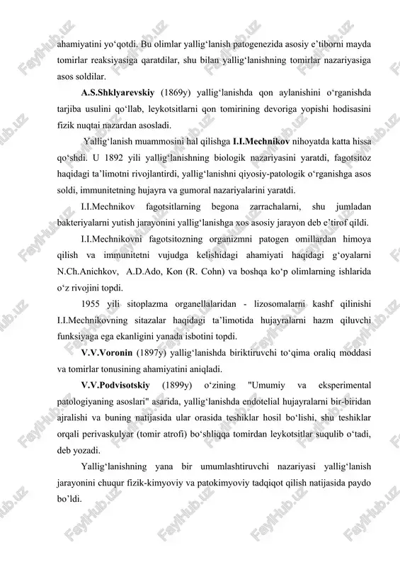 struktur funksiyasini buzilishi deb tushuniladi. birlamchi va ikkilamchi alteratsiya birlamchi alteratsiya- bu flogogen (yallig’lanish keltirib chiqaruvchi omil) omilni organizmga to’g’ridan to’g’ri ta’siri va shikastlanishga qarshi mediatorlar chiqishi bilan xarakterlanadi. yallig'lanish vositachilari (mediatorlari) ma'lum yallig'lanish hodisalarini keltirib chiqaradigan yoki qo'llab-quvvatlovchi endogen biologik faol moddalardir. demak, neyropeptidlar sezuvchi nervlarning uchidan, atsetilxolin va noradrenalin vegetativ nervlarning uchidan, gistamin va boshqalar mast hujayralaridan (makrofaglar) kelib chiqadi. rezident makrofaglardan - reaktiv kislorod va azot turlari, lizosomal fermentlar, sitokinlar va boshqalar. komplement faollashganda uning faol komponentlari, kininogen faollashganda bradikinin hosil bo'ladi. ushbu vositachilar birlamchi o'zgarishlar paytida ajralib chiqqanligi yoki hosil bo'lganligi sababli ular birlamchi yallig'lanish mediatorlari deb ataladi. ko'p sonli mediatorlar orasida hujayralarga bevosita zarar yetkazuvchi, ta'sir ko'rsatadigan, ya'ni sitotoksik va sitolitik ta'sirga ega bo'lganlar ayniqsa muhimdir - reaktiv kislorod va azot turlari, lizosomal fermentlar va membrana hujumi yoki litik kompleks faollashganda hosil bo'ladi. komplement tizim (c5b - c9). ularning maqsadi patogenlarni o'ldirish va yo'q qilish, …