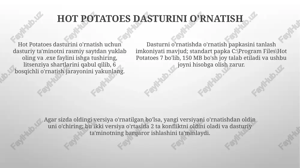 berish, maksimal uzunlik 255 belgidan oshmasligi kerak. yordam berish uchun murakkab so'zlarni tushuntirish va qo'shimcha ma'lumot berish mumkin, har bir yordam xabari uchun 255 belgidan foydalanish mumkin. yordam berish uchun murakkab so'zlarni tushuntirish va qo'shimcha ma'lumot berish mumkin, har bir yordam xabari uchun 255 belgidan foydalanish mumkin. krossvordni saqlash hot potatoes dasturida krossvordni saqlash jarayoni tugallangach, 'my saved quizzes' papkasida saqlanishini tekshiring, bu keyinroq tahrirlash yoki nashr qilish uchun muhimdir. krossvordni saqlashda, 'file' menyusidan 'save' buyrug'ini tanlang yoki ctrl+s klaviatura kombinatsiyasini ishlating, bu sizning ishingizni .jcw formatida saqlaydi. krossvordni saqlashda nom berish juda muhim; 1 dan 999 gacha raqamlardan foydalanib, aniq nom bering, bu fayllarni kelajakda oson topishga yordam beradi. krossvordni veb-sahifaga eksport qilish css uslublar fayli yaratiladi, bu fayl krossvordning vizual ko'rinishini belgilaydi, shriftlar, ranglar va joylashuv kabi 5 xil xususiyatlarni o'zgartirish mumkin. krossvordni veb-sahifaga eksport qilishda html fayli yaratiladi, bu fayl krossvordni brauzerda ko'rish va o'ynash imkonini beradi, …