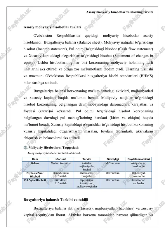 t of goods sold) o'rtasidagi farqni ko'rsatadi. operatsion foyda yalpi foydadan operatsion xarajatlar (masalan, ma'muriy va sotuv xarajatlari) ayirilgandan keyin qoladigan foydadir. sof foyda esa barcha daromadlar va xarajatlar (shu jumladan, foizlar va soliqlar) hisobga olingandan keyin qoladigan foydadir. moliyaviy natijalar to'g'risidagi hisobotni tahlil qilish korxonaning rentabelligini va daromadlarni yaratish qobiliyatini baholashga yordam beradi. masalan, agar sof foyda marjasi (net profit margin) past bo'lsa, korxona xarajatlarni nazorat qilish yoki daromadlarni oshirish bo'yicha choralar ko'rishi kerak bo'ladi. 📊 moliyaviy hisobotlar statistikasi ushbu statistika moliyaviy natijalar to'g'risidagi hisobotning asosiy ko'rsatkichlarini aks ettiradi, daromad va xarajatlarni tahlil qilishga yordam beradi. sof foyda marjasi 12.5% kompaniyaning daromad keltirish samaradorligini ko'rsatadi. daromadning o'sish sur'ati 8% o'tgan yilga nisbatan daromadning o'sishini ifodalaydi. operatsion xarajatlar daromadga nisbatan 25% operatsion xarajatlarning daromaddagi ulushini ko'rsatadi. sotilgan mahsulot tannarxi daromadga nisbatan 62% sotilgan mahsulot tannarxining daromaddagi ulushini aks ettiradi. aksiyalarning bir qismi uchun foyda (eps) 5.75 so'm har bir aksiyaga …