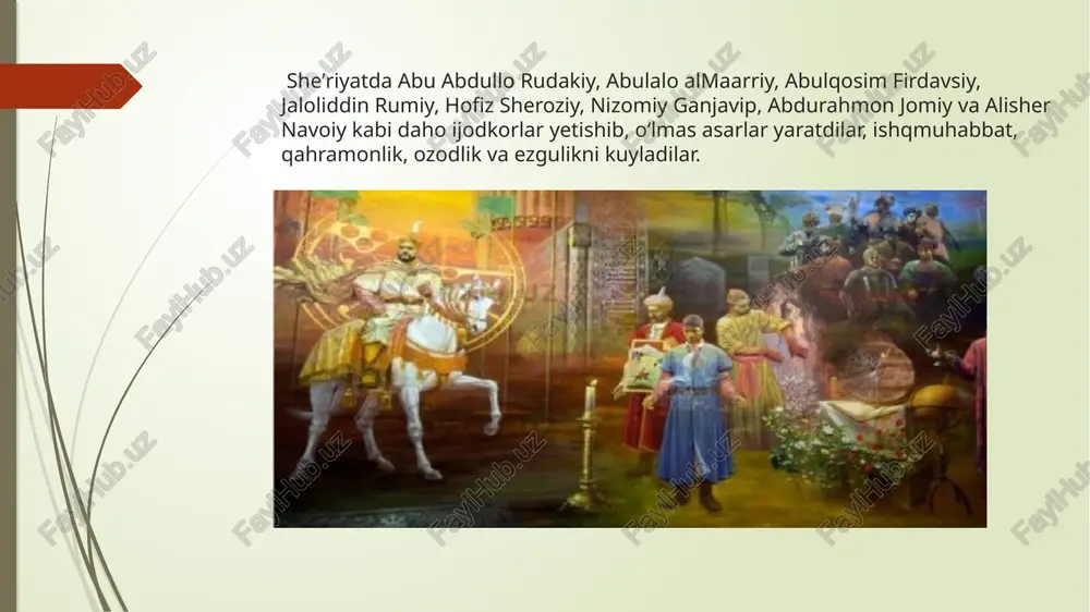 arqdan olib rivojlantirdi. „matematika, kimyo, tibbiyot sohasida musulmonlarning xizmati buyuk… bu fanlarda musulmonlar yevropaning muallimlari boʻlib qoldilar“ (g. gerder). yevropa uygʻonish davri adiblari dante, petrarka, bokkacho sharq ilmfani, adabiy asarlaridan ilhomlanganlar. image1.png image2.png image3.png image4.png /docprops/thumbnail.jpeg
