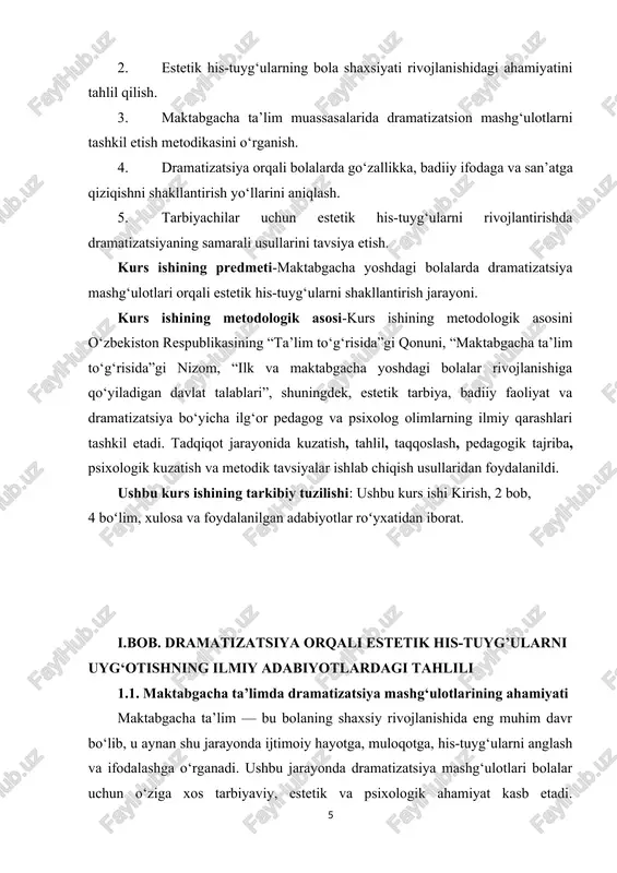 bolaning ichki dunyosini boyitadi, ularning ijtimoiy faolligini oshiradi va muloqot ko‘nikmalarini shakllantiradi. dramatizatsiya mashg‘ulotlarining ahamiyatini quyidagi jihatlar orqali izohlash mumkin: estetik tarbiya vositasi sifatida — dramatizatsiya bolalarga go‘zallikni anglash, badiiy obrazlarni his qilish va ularni ijodiy tarzda ifodalash imkonini beradi. emotsional rivojlanish vositasi sifatida — bola sahnalashtirish jarayonida turli his-tuyg‘ularni boshdan kechiradi, bu esa uning emotsional sezgirligini oshiradi. ijtimoiylashuv omili sifatida — bolalar jamoada ishlash, rollarni taqsimlash, hamkorlikda harakat qilishni o‘rganadi, bu esa ularning ijtimoiy moslashuvini kuchaytiradi. nutq rivoji vositasi sifatida — dramatizatsiya jarayonida bola so‘z boyligini kengaytiradi, nutqining ifodaliligi, grammatik to‘g‘riligi va mantiqiy izchilligini shakllantiradi. ijodiy tafakkurni rivojlantiruvchi vosita sifatida — sahnalashtirishda bola mustaqil fikrlash, muammoni badiiy yechish, obraz yaratish orqali ijodkorlikni namoyon etadi. maktabgacha ta’lim tashkilotlarida dramatizatsiya mashg‘ulotlari turli shakllarda o‘tkaziladi: ertaklarni sahnalashtirish, badiiy asarlardan parchalar ijrosi, o‘quvchi rollarini ifodalash yoki hayotiy voqealarni jonlantirish tarzida. bu jarayonda tarbiyachi bolalarni faollikka, jamoaviy ishtirokka, o‘z fikrini ochiq ifodalashga undaydi. dramatizatsiya …