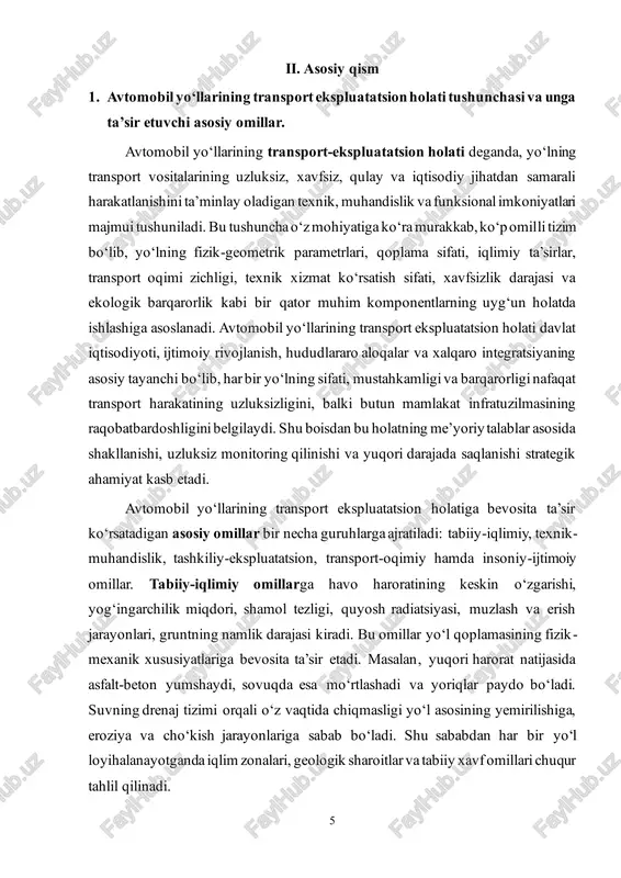 ayotganda iqlim zonalari, geologik sharoitlar va tabiiy xavf omillari chuqur tahlil qilinadi. 6 texnik-muhandislik omillar esa yo‘lning loyihaviy sifati, qoplama turi, asos qatlamining mustahkamligi, drenaj va suvni chiqarish tizimining samaradorligi, harakat yo‘laklarining kengligi, burilish radiuslari, yo‘l belgilarining aniqligi, yoritish tizimining mavjudligi va yo‘l bo‘ylab xavfsizlik inshootlarining joylashuvi bilan belgilanadi. yo‘lning sifati va ekspluatatsion barqarorligi asosan qurilish bosqichidagi texnologik aniqlikka bog‘liq bo‘lib, yo‘l qoplamasi materiallari (asfalt- beton, sement-beton, kompozit aralashmalar)ning fizik-mexanik xususiyatlari, mustahkamlik koeffitsienti, silliqlik darajasi va deformatsiyaga qarshi chidamliligi asosiy me’yor sifatida baholanadi. tashkiliy-ekspluatatsion omillar esa yo‘lning foydalanish davridagi texnik xizmat ko‘rsatish jarayonlarini, nazorat va monitoring tizimlarini, ta’mirlash ishlarining rejalashtirilishi va bajarilish sifatini o‘z ichiga oladi. yo‘lni faqat qurib topshirish emas, balki uni muntazam ravishda saqlash, profilaktika ishlarini bajarish, yoriqlarni o‘z vaqtida to‘ldirish, belgilarni yangilash, suv oqimini tartibga solish, yoritish tizimlarini ta’mirlash kabi chora-tadbirlar yo‘lning uzoq muddatli ekspluatatsiyasini ta’minlaydi. 7 jahon amaliyotida “preventiv texnik xizmat” konsepsiyasi keng qo‘llanilmoqda, ya’ni yo‘l …