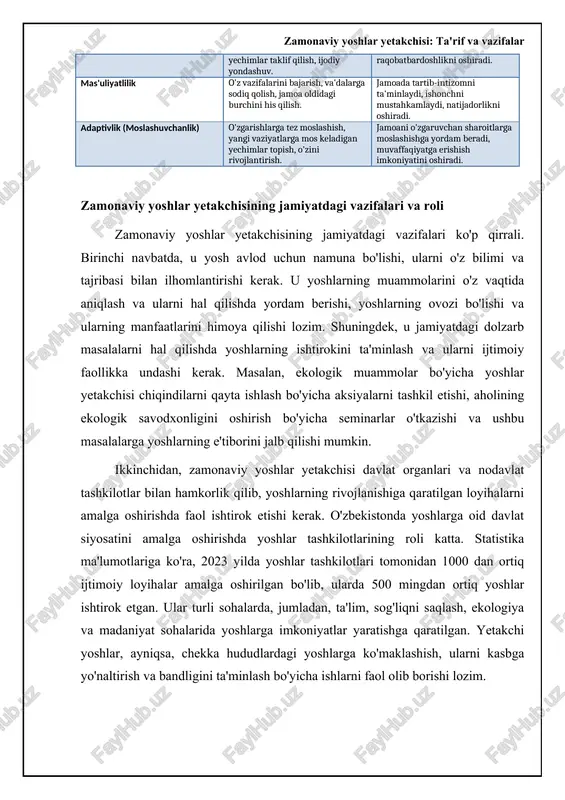 loyihalarni amalga oshirishda raqamli vositalardan foydalanish darajasi. mentorlik dasturlarida ishtirok etadigan yoshlar 50 har bir yoshlar yetakchisi o'rtacha 50 nafar yoshlarga mentorlik qiladi. ijtimoiy loyihalarni boshlash tezligi (o'rtacha) 2x zamonaviy yoshlar yetakchilari avvalgi avlodlarga nisbatan 2 barobar ko'proq ijtimoiy loyihalarni tashabbus qilishadi. o'z jamoalarida ijobiy o'zgarishlarga erishgan yoshlar yetakchilari 88% yoshlar yetakchilarining 88% i o'z jamoalarida sezilarli ijobiy o'zgarishlar olib kela oldi. empatiya va hamkorlik: samarali jamoani shakllantirish yetakchilikning yana bir muhim ko'nikmasi - bu empatiya, ya'ni boshqalarning his-tuyg'ularini tushuna olish va ularga hamdard bo'lish qobiliyatidir. zamonaviy yoshlar yetakchisi o'z jamoasining a'zolarini har birining shaxsiy xususiyatlarini, ehtiyojlarini va maqsadlarini tushunishi kerak. empatiya jamoada ishonch muhitini yaratadi va jamoa a'zolarining o'zlarini qadrlangan his qilishlariga yordam beradi. bu esa, o'z navbatida, jamoaning umumiy samaradorligini oshiradi. misol uchun, muvaffaqiyatli startaplar ko'pincha empatiya asosida qurilgan jamoalarga ega bo'ladi, chunki bunday jamoalar a'zolari bir-birini qo'llab-quvvatlaydi va muammolarni birgalikda hal qiladi. hamkorlik ham zamonaviy yoshlar yetakchiligi …