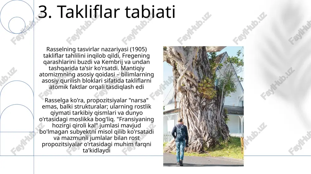 kembrij universiteti loyihaning markazi bo'ldi. 15.tavsiflar nazariyasi maynungning mavjud bo'lmagan obyektlar haqidagi qarashlarini rad etishi, analitik falsafa ustiga katta ta'sir ko'rsatib, fantastik mavjudotlar haqidagi gaplar va "sherlok xolms" yoki "hozirgi fransiya qiroli" kabi o'z nomlarining formal tizimlardagi ma'nosini tahlil qilishni o'zgartirdi. rasselning deskriptorlar nazariyasi 20-asr mantig'ining asosiy toshini tashkil qilib, aniq deskriptorlarni (masalan, "londondagi eng baland bino") kvantorlar va predikatlar yordamida tahlil qiladi va sodda ma'no tushunchasini rad etadi 16.rassel mantig'ining qo'llanilishi rasselning mantig'i matematikada inqilob qildi, to'plamlar nazariyasiga (zermelo-frenkel aksiomalari), "principia mathematica" ga (uaytxed bilan hamkorlikda, kembrij, 1910-1913) ta'sir ko'rsatib, rassel paradokslari (o'ziga a'zo bo'lmagan barcha to'plamlar to'plami) kabi paradokslarni hal qildi uning mantiqiy atomizmi bilimning atomik qurilish bloklari sifatida faktlarni ilgari surdi, tahliliy falsafa (vena doirasi, mantiqiy pozitivizm)ga ta'sir ko'rsatib, holistik qarashlarni rad etdi. bu falsafiy tahlilga sezilarli ta'sir ko'rsatdi (masalan, tasvirlar, gaplar, vitgenshteynning "traktatus"i) 17.rasselning tiplar haqidagi qarashlari rasselning tip nazariyasi, yolg'onchi paradoks kabi mantiqiy paradokslarni oldini …