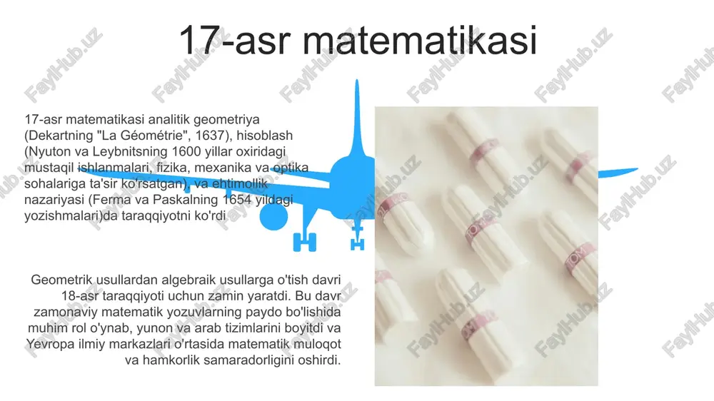 ng “elementlar”i (geometriya aksiomalari, postulatlari, teoremalari); arximed (sikiliya, sirakuza) – π ni hisoblash, sfera hajmi, qo'ltiq nazariyasi; apolloniy (pamfiliya, perga) – konus kesimlari. son sistemalari, geometrik masalalar, astronomik hisob-kitoblar sezilarli darajada rivojlandi. hellenistik matematikasi hindiston matematikasi qadimgi davr (mil. avv. 500 – mil. 1200): aryabxata (476-550), pataliputra, aryabxatiya (astronomiya va matematika), π ning taxminiy qiymati (π ≈ 3 vedalar davri (mil. av. taxminan 1500-500): sulbasutralar (qurbonlik o'choqlari uchun geometrik konstruktsiyalar), pifagor uchliklari, π ning taxminiy qiymati (π ≈ 3.088), baudhayana sulbasutrasida √2 ning taxminiy qiymati. vedalar davri (mil. av. taxminan 1500-500): sulbasutralar (qurbonlik o'choqlari uchun geometrik konstruktsiyalar), pifagor uchliklari, π ning taxminiy qiymati (π ≈ 3.088), baudhayana sulbasutrasida √2 ning taxminiy qiymati. matematikaning asoslari qadimgi yunoniston (miloddan avvalgi 600-300): evklidning elementlari, pifagor teoremasi, sonlar nazariyasi asoslari, aleksandriyaning rivojlangan matematika markazi. 17-18-asrlar: nyuton va leybnits tomonidan hisoblash usullarining rivojlanishi, analitik geometriya (dekart, ferma), ehtimollik nazariyasining asoslari (paskal, ferma), infinitesimal hisoblash matematik …