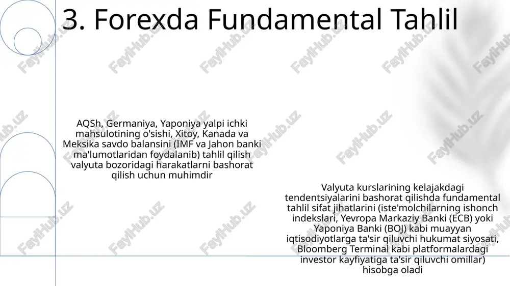 vropa markaziy bankining foiz stavkalari frankfurtga, federal rezervning harakatlari esa nyu-yorkka taʼsir qiladi). kunlik savdo hajmi 1 trillion dollardan oshib, jahon bozorlariga taʼsir qiladi usd/jpy kursi aqsh-yaponiya savdo munosabatlariga, yaponiya bankining pul-kredit siyosatiga (tokio) va global xavf-xatar kayfiyatiga sezgir 14. valyuta juftlari va ularning dinamikasi 15. geosiyosiy omillar va valyuta bozori 16. forexdagi leverij va marja 17. forex brokerlari va ularni tanlash e'tiboringiz uchun rahmat @taqdimot_robot image1.png image2.png image3.png image4.png image5.png image6.png image7.png image8.png image9.png image10.png image11.png image12.png image13.png image14.png image15.png image16.png image17.png image18.png