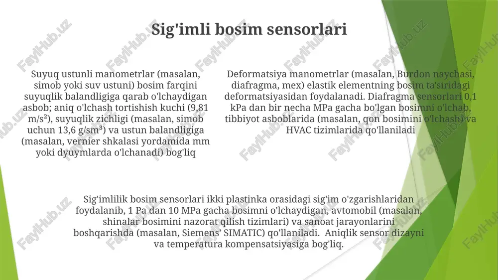 on naychalari – egri metall naychalar, bosim (psi, kpa) ga mutanosib ravishda to'g'rilanadi suyuq ustunli manometrlar: printsiplar u-simon manometr u-simonli manometrlar u shaklidagi naychada suyuqlik ustunlaridan (masalan, simob, suv) foydalanadi; ikki nuqta orasidagi bosim farqi bosimga proportsional balandlik farqini (δh) keltirib chiqaradi; δp = ρgδh (ρ=suyuqlik zichligi, g=tortish kuchi) quduq tipli manometr optik bosim sensorlari optik bosim sensorlari yorug'lik sinishi/interferensiyasi (masalan, tolali bragg panjaralari) yordamida 10,000 psi gacha aniq bosim o'lchovlari uchun ishlatiladi, aviakosm (masalan, nasaning jpl) va tibbiy implantlarda qo'llaniladi. yuqori aniqlik, miniatyurizatsiya (millimetrdan kichik) va masofadan turib o'lchash imkoniyatlari asosiy afzalliklar hisoblanadi. suyuq ustunli manometrlar (masalan, u-simon, qiyalik) gidrostatik bosimga asoslanadi: suyuq ustun (masalan, simob, suv) balandligi farqi (h) bosim farqi bilan to'g'ridan-to'g'ri bog'liq (p=ρgh), aniqligi suyuqlik zichligi (ρ), tortish kuchi tezlashuvi (g) va haroratga bog'liq deformatsiya manometrlar (masalan, burdon naychasi, diafragma, mex) qo'llaniladigan bosimga mutanosib elastik element deformatsiyasidan foydalanadi. diafragma sensorlari (kremniy asosidagi, 1-1000 kpa diapazoni) yuqori …