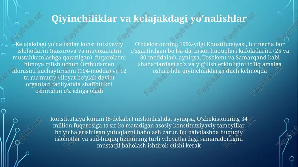kamsitishga qarshi himoya (18-modda), ishga huquq (40-modda) va ijtimoiy ta'minot (44-modda)ni belgilaydi o'zbekistonning huquqiy tuzilmasida xalqaro fuqarolik va siyosiy huquqlar pakti (iccpr) va inson huquqlari umumjahon deklaratsiyasi (udhr) kabi ko'plab xalqaro inson huquqlari hujjatlari qo'llaniladi va konstitutsiyaviy qoidalar hamda ichki qonunchilikka ta'sir ko'rsatadi o'zbekiston konstitutsiyasi (8 dekabr) so'z, yig'ilish va din erkinliklarini (21-26-moddalar), adolatli sudlanish huquqini (24-modda), ixtiyoriy hibsga olish va qamoqdan himoyalanishni (25-modda) kafolatlaydi. bolalar (41-modda), ta'lim (42-modda) va sog'liqni saqlash (43-modda) huquqlari ham himoyalangan jamiyatga ta'siri 1992-yil 8-dekabrda qabul qilingan o'zbekiston konstitutsiyasi prezidentlik respublikasini o'rnatdi, 12 viloyat va qoraqalpog'iston respublikasini o'z ichiga olgan jamiyat tuzilmalariga, 35 milliondan ortiq fuqaroga ta'sir ko'rsatuvchi huquqiy asoslarga ta'sir ko'rsatdi inson huquqlarining konstitutsiyaviy kafolatlari (21-35-moddalar) ijtimoiy taraqqiyotga ta'sir ko'rsatdi, biroq so'z va yig'ilish erkinligi borasida cheklovlar saqlanib qolmoqda. 2023 yildagi o'zgartirishlar sud mustaqilligi va demokratik ishtirok etish bo'yicha jamiyat talablariga hukumatning munosabatini (85% ovoz bilan qo'llab-quvvatlandi) ko'rsatdi konstitutsiya kuni (8-dekabr) bayramlari o'zbekiston shahar …