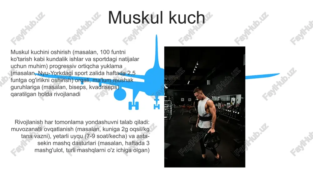 'nikmalariga, o'smirlik tez o'sish va kuch-chidamlilikka, kattalik esa saqlash va moslashuvchanlikka qaratilgan. jismoniy imkoniyatlarning cho'qqisi har xil, masalan, kuch 20-larda, chidamlilik 30-larda cho'qqiga chiqadi mashq, ovqatlanish va genetika orqali mushak kuchi (dinamometriya orqali), yurak-qon tomir chidamliligi (vo2 max testi), egiluvchanlik (o'tirish va yetish testi) va tana tarkibi (dexa skanerlari) kabi jismoniy fazilatlar rivojlanadi e'tiboringiz uchun rahmat @taqdimot_robot image5.jpg image6.jpg image7.jpg image8.jpg image9.jpg image10.jpg image11.jpg image12.jpg image13.jpg image14.jpg image15.jpg image16.jpg image17.jpg image18.jpg image19.jpg image20.jpg image1.jpeg image2.jpeg image3.jpeg image4.jpeg