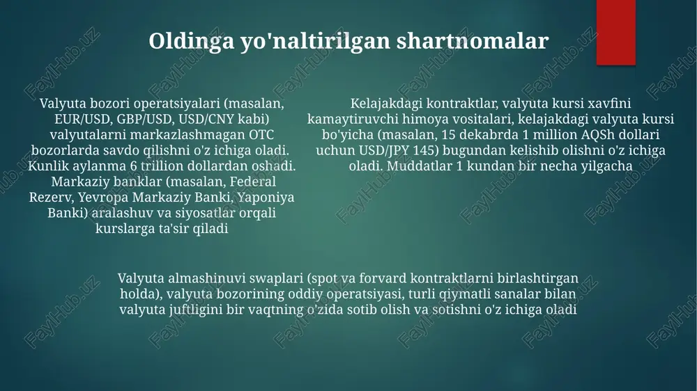 ytirish uchun valyuta himoyasi qo'llaniladi. strategiyalar: forvardlar (masalan, 3 oylik usd/jpy forvard shartnomasi), fyucherslar (masalan, cme yevrodollar fyucherslari) va opsiyonlar (masalan, londonda 1.25 narxdagi gbp/usd put opsiyonini sotib olish) valyuta xavflarini kamaytirish usullari xavf profili va bozor sharoitlariga bog'liq. germaniyada katta miqdorda yevro bilan ishlashga ega bo'lgan ko'p millatli korporatsiya (mkk) frankfurtda qarama-qarshi tomon bilan valyuta svapi yordamida yevro to'lovlarini aqsh dollariga almashtirishi mumkin dinamik hedjirlash real vaqt bozor ma'lumotlariga asoslangan pozitsiyalarni doimiy moslashtirishni o'z ichiga oladi. bu hisoblash jihatidan intensiv bo'lib, algoritmlar va murakkab modellardan foydalanadi foiz stavkalari tengligi foydalanuvchilarning foiz stavkalari tengligi (fst) ikki davlatning foiz stavkalari farqi ularning valyuta kurslaridagi kutilgan o'zgarishga tengligini taxmin qiladi. masalan, aqshda 3% va yevro zonasida 1% foiz stavkalari fst saqlansa, yevroning dollarga nisbatan 2% qadrlanishini ko'rsatadi markaz banklarining valyuta kursiga aralashuvi xorijiy valyuta bozoridagi operatsiyalarni o'z ichiga oladi. masalan, xitoy xalq banki (xxb) yuanning dollarga nisbatan qiymatini oshirish (appretsiatsiya) uchun aqsh …