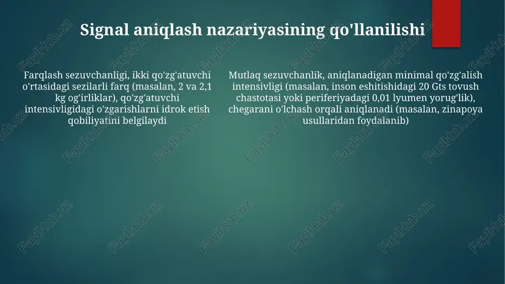 atrof-muhit omillari (shovqin ta'siridan eshitish qobiliyatining pasayishi, quyosh ta'siridan ko'rish qobiliyatining buzilishi) sezgi sezgirligiga ta'sir qiladi; turli hududlardagi tadqiqotlar (masalan, sanoat korxonalari yaqinidagi va qishloq aholisini taqqoslash) atrof-muhitning sezgi chegaralariga ta'sirini ochib beradi va genetika va atrof-muhit o'zaro ta'sirini ko'rsatadi sezgirlikning neyromexanizmlari mutlaq va differentsial sezuvchanlik uchun neyron mexanizmlar retseptor adaptatsiyasini (masalan, koʻzda fotoretseptorlarning oqarishi, burun boʻshligʻida hid retseptorlarining sezuvchanligining pasayishi) oʻz ichiga oladi turli intensivlikdagi stimullarni farqlash qobiliyatini (masalan, kokleaning bazilar membranasida 10 va 11 db tovushni farqlash) aks ettiruvchi differentsial sezgirlik lateral inhibitsiya (masalan, retinaning gorizontal hujayralari) va kontrastni kuchaytirish kabi neyron mexanizmlarni o'z ichiga oladi turli intensivlikdagi stimullarni farqlash qobiliyatini (masalan, kokleaning bazilar membranasida 10 va 11 db tovushni farqlash) aks ettiruvchi differentsial sezgirlik lateral inhibitsiya (masalan, retinaning gorizontal hujayralari) va kontrastni kuchaytirish kabi neyron mexanizmlarni o'z ichiga oladi diqqatning sezgirlikdagi roli diqqat hajmining individual farqlari (masalan, ant kabi diqqat tarmoqlari testlari orqali o'lchanadi) turli sezgi sohalarida …