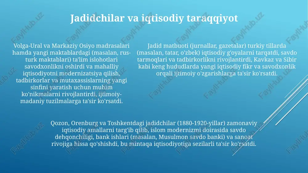 osiyoda islohotparvar g'oyalarni tarqatdi va 3 milliondan ortiq odamga ta'sir ko'rsatdi. ismoil gaspinskiy va shayx musa biygiyev kabi jadid ziyolilari modernizatsiya va turkchilik gʻoyalarini targʻib qilishda bosmaxona mahsulotlaridan (20 dan ortiq jurnal va gazeta) hamda taʼlim muassasalaridan (100 dan ortiq maktab) foydalanib, volga-urol va markaziy osiyo jamiyatlariga taʼsir koʻrsatdilar. ayollarning ta'limini qo'llab-quvvatlash (ba'zi hududlarda savodxonlik 15% oshdi), dunyoviy bilimlarni (fan, texnologiya) diniy ta'lim bilan birga targ'ib qilish, an'anaviy hokimiyatga qarshi chiqish va mintaqaviy o'zlikni shakllantirish (50 ta yangi madaniy tashkilot yaratildi). ayollarning mavqeiiga ta'siri ayollar savodxonligining oshishi (hudud va sinflar bo'yicha notekis bo'lsa ham) qisman ularning sa'y-harakatlari natijasi bo'lib, ijtimoiy ishtirok va ish bilan ta'minlash imkoniyatlariga ta'sir ko'rsatdi jadidchilar (1880-1920), asosan volga-ural va kavkazda, ayollar ta'limini (masalan, qozon, baku maktablari) himoya qilib, patriarxal normalarga qarshi chiqishdi va mulk huquqi, nikoh qonunlariga ta'sir etuvchi huquqiy islohotlarni targ'ib qilishdi (rossiyaning 1917 yildagi islohotlari ularning g'oyalaridan ta'sirlangan). ularning ta'siri nashriyot (jurnallar, kitoblar), xotin-qizlar …