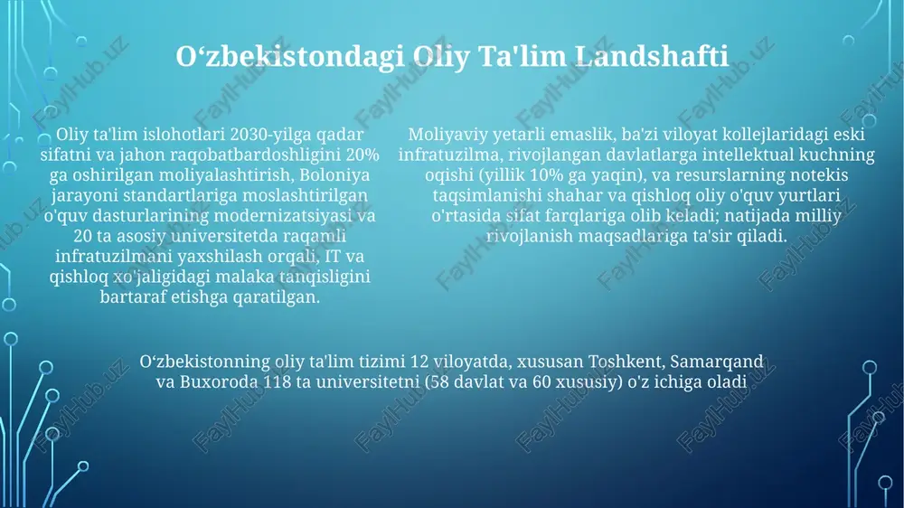 alashtirish tanqisligi, 10 000 talaba taʼsirlangan. buxoro davlat universiteti namangan davlat universitetiga nisbatan talaba boshiga 2 baravar ko'p mablag' oladi; resurslarning 70%i shaharlarda jamlangan; qishloq kollejlarida laboratoriyalar yetarli emas va malakali o'qituvchilar 50% kam. e'tiboringiz uchun rahmat @taqdimot_robot image1.png image2.png image3.png image4.png image5.png