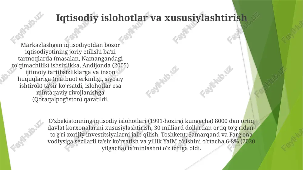 i) zo'riqtirdi, mavjud ijtimoiy tengsizlikni kuchaytirdi va ichki (qishloqdan shaharga) va tashqi (rossiya va qozog'istonga) migratsiyani kuchaytirdi siyosiy liberallashtirish harakatlari mavjud elitalarning qarshiligiga duch keldi, demokratik ishtirok va fuqarolik erkinliklarini chekladi; inson huquqlari borasidagi tashvishlar (masalan, soʻz va matbuot erkinligi) konstitutsiyaviy oʻzgartishlar va toshkentning xalqaro meʼyorlarga sodiqligini eʼlon qilishiga qaramasdan davom etdi ijtimoiy o'zgarishlar va madaniy siljishlar 2000-yillarda yillik 1 milliondan ortiq qishloqdan shaharga ko'chish hisobiga tez urbanizatsiya toshkent va namangan kabi yirik shaharlardagi infratuzilma va ijtimoiy xizmatlarga yuk tushdi oʻzbekistonning post-sovet qayta qurish davri (1991-hozir) jamiyat va siyosatda keskin oʻzgarishlarni keltirib chiqardi: 30 million fuqaroni qamrab olgan markazlashtirilgan iqtisodiyotdan bozor iqtisodiyotiga oʻtish, ayniqsa fargʻona vodiysida va qoraqalpogʻistonda mintaqaviy iqtisodiy tengsizliklarni keltirib chiqardi islom an'analarining kuchaygan ta'siri, hukumat nazorati choralari bilan qarshi tutilishi doimiy keskinliklarni keltirib chiqardi. hukumatning iqtisodiy liberallashtirishni ijtimoiy barqarorlik bilan muvozanatlashirishga urinishi turli hududlarda turlicha muvaffaqiyatlarga erishdi va taxminan 12 million qishloq aholisiga ta'sir ko'rsatdi sovet davri …