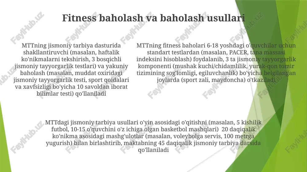 an, adabiyot, ijtimoiy fanlar, san'at) 15 daqiqalik faol o'rganish (turadigan stollar, tanaffuslar, harakatga asoslangan masalalar yechish) haftasiga 75 daqiqa qo'shimcha jismoniy faoliyatni ta'minlaydi. maktab miqyosidagi sog'lom turmush tarzini rivojlantirish dasturi (ota-onalar va jamoatchilik vakillari bilan). talaba taraqqiyotini baholash va baholanish mttning jismoniy tarbiya dasturida jismoniy savodxonlik rivojlanishini o'lchash uchun miqdoriy (masalan, jismoniy tayyorgarlik ballari, 7 ta sinf darajasidagi har biridan 20 talabaning test o'rtacha ballari) va sifatli (masalan, o'qituvchilarning kuzatishlari, tengdoshlar va o'z-o'zini baholash, 5 ta portfel yozuvlari) ma'lumotlar qo'llaniladi. mtt milliy standartlarga mos ravishda talabalarni baholashda 4 ballli baholash tizimidan foydalanadi mttning jismoniy tarbiya dasturi 150 talabaning yutuqlarini 6 ta (masalan, basketbol, suzish) modul bo'yicha 3 ta shakllantiruvchi (ko'nikma testlari, jismoniy tayyorgarlik baholari, ishtirok rubrikalari) va 2 ta yakuniy (semistr imtihonlari, yakuniy loyihalar) baholash orqali kuzatadi e'tiboringiz uchun rahmat @taqdimot_robot