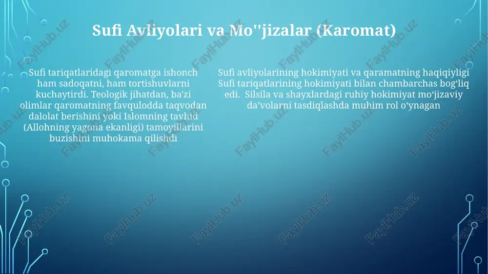 atlari, masalan, hindistondagi chishtuvchiya va jahondagi qodiriyya, zikr orqali xudoning 99 ismini (asmaul husna) anglashga urg'u beradi, bu esa tavhid va sifatlarga oid e'tiqodlarga ta'sir qiladi sufi kosmologiyasi va amaliyotlariga ilohiy fazilatlarning yaratilishdagi "tajalli" (namoyon boʻlishi) tushunchasi taʼsir qiladi. turli sufi taʼbirlarining soni mintaqaviy kontekst va silsilaga qarab farq qiladi sufizm va shariat fano va baqo tushunchasi sufiylikdagi "fano" (y'oq bo'lish) va "baqo" (bo'qiqlik) tushunchalari xudoga yetishish safarini ifodalab, chishtiyya (hindiston), naqshbandiyya (markaziy osiyo) kabi turli tariqatlarga ta'sir ko'rsatadi. zikr va muraqaba kabi amallar orqali tajribaning bosqichlari va tavhid tushunchasi talqin qilinadi. baqo, fano keyingi holat, shaxsiy ongni saqlab, ilohiy fazilatlarni boshdan kechirishni anglatadi; bu jarayon 12-asr andalusiya sufiysi ibn arabining asarlari va 18-asr usmonli turkiyasidagi mevlevi tariqatining keyingi talqinlarida yoki hatto zamonaviy davrda turlicha talqin qilinadi shayx va murshidning roli murshidning hokimiyati payg'ambar muhammad (s.a.v.) ga borib taqaladigan maqom va silsila orqali ta'minlanib, tavhid, marifa va allohga yaqinlashish yo'llari …