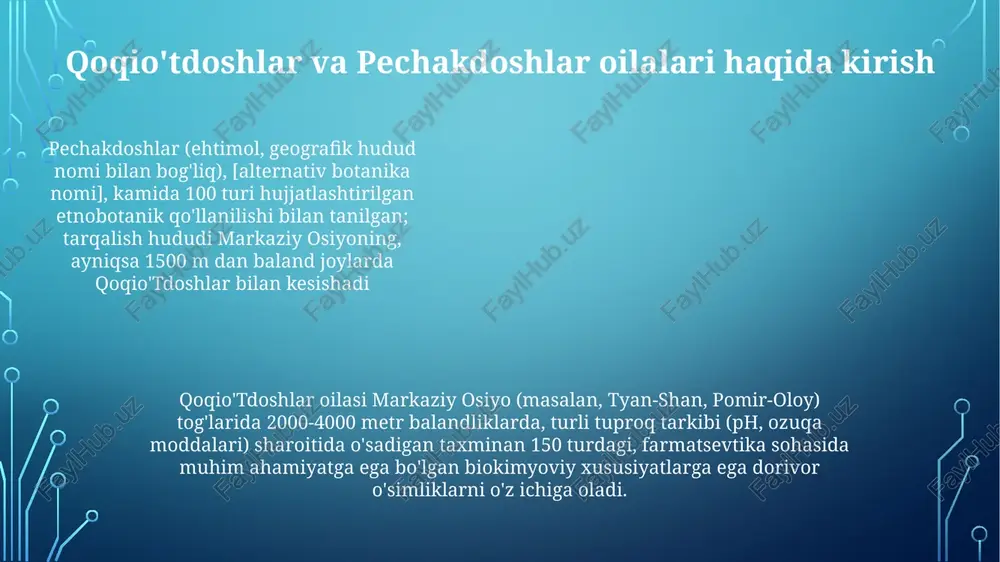 ashtirish (sdm) yordamida 15 ta asosiy dorivor o'simlik turining tarqalishi va mo'lligiga iqlim o'zgarishining (harorat, yog'ingarchilik o'zgarishlari) ta'sirini baholash tarqalish va yashash muhiti ikki oiladagi dorivor o'simliklar taxminan 20-30 turdan iborat bo'lib, 5-10 an'anaviy tibbiyot tizimlarida (masalan, tibet, unani, ayurved) qo'llaniladi. kimyoviy tahlillar turli xil ikkilamchi metabolitlarni (masalan, alkaloidlar, flavonoidlar, terpenoidlar) o'simlik turiga, yashash muhitiga va o'sish sharoitlariga qarab turli konsentratsiyalarda aniqladi qoqio'tdoshlar (o'simlik oilasi) a'zolari [geografik joy nomi, masalan, himoloy, pomir] tog'li hududlarida turli balandliklarda (1000-3000 m), ma'lum tuproq turlarida (masalan, yaxshi qurigan, qumloq tuproqlar) va yog'in miqdorida (masalan, yillik 500-1500 mm) keng tarqalgan pechakdoshlar oilasi o'simliklari (taksonomiyasi aniqlanishi kerak) markaziy osiyo va yaqin sharqning ayrim hududlarida keng tarqalgan bo'lib, 250 mm dan kam yog'ingarchilik bo'lgan cho'l dashtlaridan tortib, qumli-lolli tuproqli yarim cho'l o'tloqlarigacha turli muhitlarda o'sadi dori o'simliklari populyatsiyasiga tahdidlar iqlim o'zgarishi (masalan, tian-shan tog'larida yog'in miqdorining 10-15% ga o'zgarishi, haroratning 2°c ga ko'tarilishi) turlarning tarqalishi va ko'payishiga …