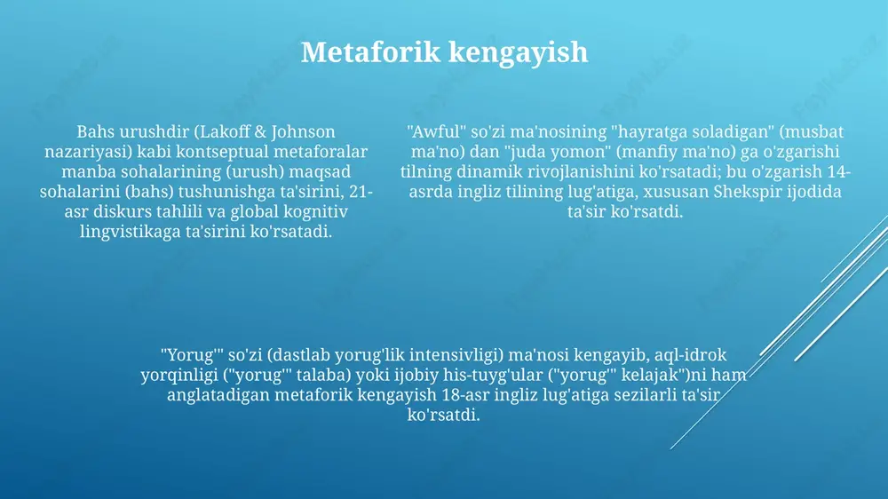 alan, "go'sht" (dastlab har qanday taom) hozirda ko'p g'arb madaniyatlarida asosan hayvon go'shtini bildiradi; "qiz" (dastlab yosh kishi) hozirgi ingliz tilida yosh qiz bola degan ma'noni anglatadi e'tiboringiz uchun rahmat @taqdimot_robot