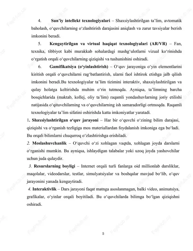 va jurnallar tizimi – maktablarda “my.maktab.uz” kabi elektron tizimlar orqali ota-onalar, o‘quvchilar va o‘qituvchilar o‘zaro doimiy aloqada bo‘lish imkoniga ega bo‘ldilar. 3. pandemiya davridagi tajriba – covid-19 pandemiyasi davrida mamlakat bo‘ylab masofaviy ta’limga o‘tish tajribasi o‘ziga xos burilish nuqtasi bo‘ldi. o‘sha davrda barcha maktab va otmlarda zoom, google meet, telegram, tv orqali masofaviy darslar tashkil qilindi. 4. raqamli savodxonlik bo‘yicha treninglar – o‘qituvchilar uchun raqamli texnologiyalarni o‘rgatish bo‘yicha seminar-treninglar muntazam tashkil etilmoqda. 5. otmlar darajasida raqamli transformatsiya – oliy ta’lim muassasalari o‘quv dasturlarini raqamlashtirish, elektron kutubxonalar yaratish, talabalarni onlayn baholash, ilmiy maqolalarni ochiq platformalarga joylashtirish kabi ishlarga katta e’tibor qaratmoqda. 6. akt mutaxassislarini tayyorlash – akt (axborot-kommunikatsiya texnologiyalari) sohasida mutaxassislar tayyorlaydigan texnikumlar, institutlar faoliyat olib bormoqda. bu esa milliy kadrlar zaxirasini shakllantirishga xizmat qiladi. ushbu harakatlar o‘zbekistonda zamonaviy, innovatsion ta’lim tizimini shakllantirishga xizmat qilmoqda. shu bilan birga, bu jarayonlarda jahon tajribasini o‘rganish va milliy sharoitga moslashtirish ham muhim omil hisoblanadi. …