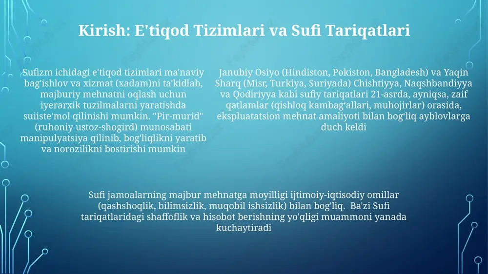 a genderning roli dinni e'tiqodlar majburlash ishlarini qonuniylashtirish uchun suiiste'mol qilinmoqda. sufiylikdagi taqvo, itoatkorlik va sadoqat tamoyillari jabrlanuvchilarni nazorat qilish uchun buzib ko'rsatilmoqda. ruhiy savob yoki oxirat mukofotlari va'dalari bilan odamlar, ayniqsa, madaniy me'yorlarga ko'ra itoatkorlikni ta'kidlovchi ayollar majburlanmoqda janubiy osiyo (masalan, pokiston, hindiston) va afrikaning ayrim hududlaridagi, ayniqsa, sufi tariqatlaridagi majburiy mehnat, genderga oid zaifliklardan foydalanadi ko'pgina sufi tariqatlarining (masalan, qodiriyya, chishtiyya) ierarxik tuzilmasi suiiste'molchilikka osonlikcha yo'l ochadi. pirlar (ruhiy rahbarlar) ulkan kuchga ega bo'lib, diniy hokimiyatni suiiste'mol qilishni oqlash uchun ishlatishadi. qurbonlarning taxminan 70-80%i chekkadagi jamoalardan bo'lib, huquqiy himoyaga yoki ijtimoiy yordamga ega emaslar e'tiboringiz uchun rahmat @taqdimot_robot image1.png image2.png image3.png image4.png image5.png